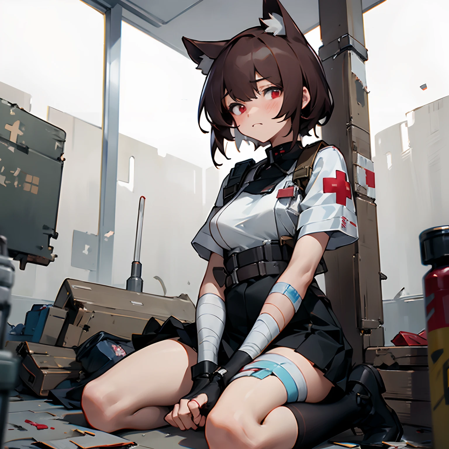 1 girl, ((masterpiece)), 8k, artstation, ultra high quality, ultra high detail, ((ultra high resolution)), glowing red eyes, brown hair, cat ears, surgical gloves, doctor, ((combat medic)), military, tactical, (pouches), tactical pouches, battlefield, close quarters combat, blood, white uniform, red cross, first aid, suture kit, indoors, pool of blood, bullet holes, war zone, medkit, hospital, patient, grave injury, medical clothes, doctor's attire, field medic, medical supplies, bandages, anti-biotics, morphine, bandaged knee, tired expression, tired, tourniquet, combat boots, black skirt, medical bed, medical kits, black socks, kneeling towards viewer, (hands between legs), 1 bandaged knee