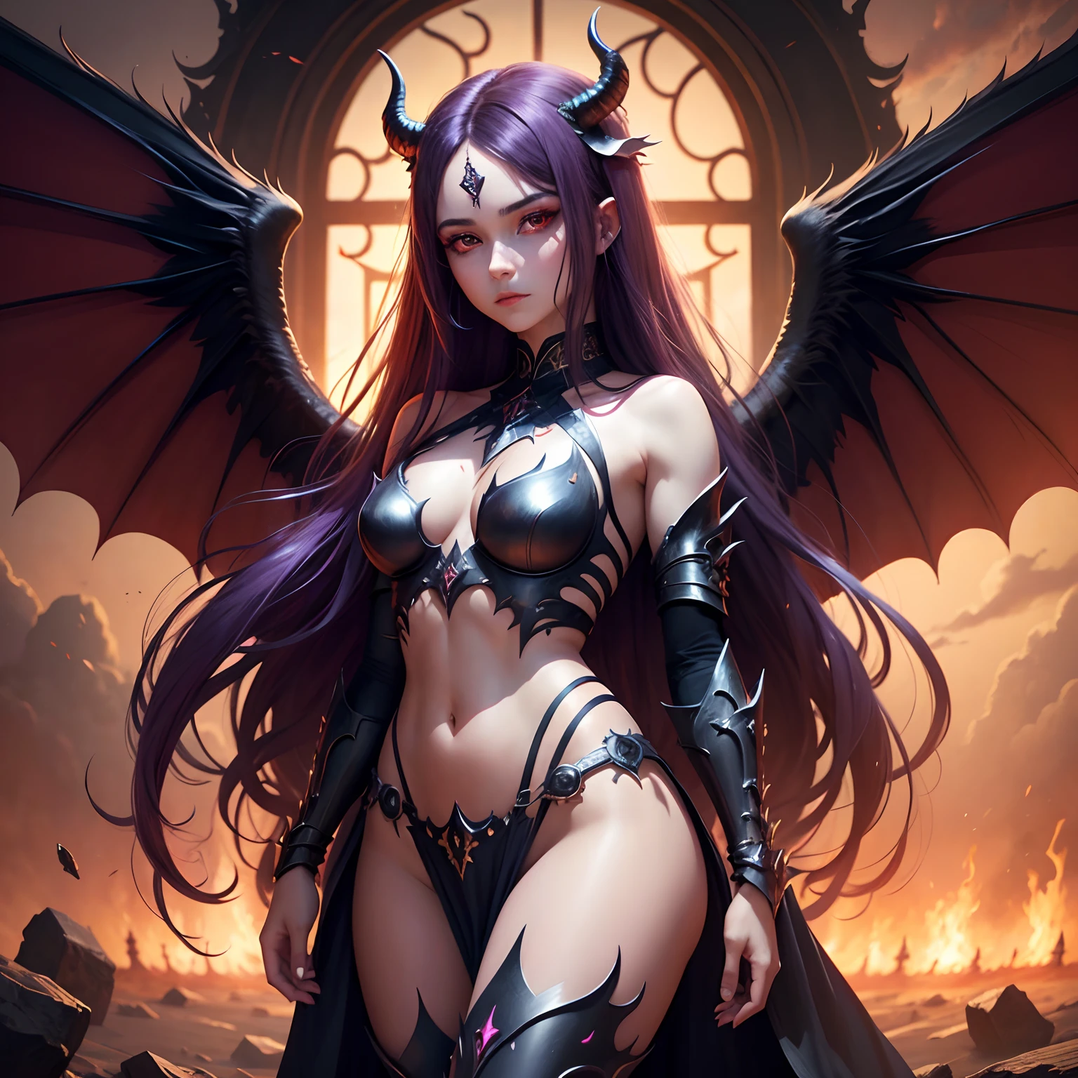 Demon Girl With Long Hair, Body aesthetics, with wings, Reddened with an aura of alle color, Against the backdrop of the gates to hell. Partially Armored. High detail of the picture. Fantasy style.