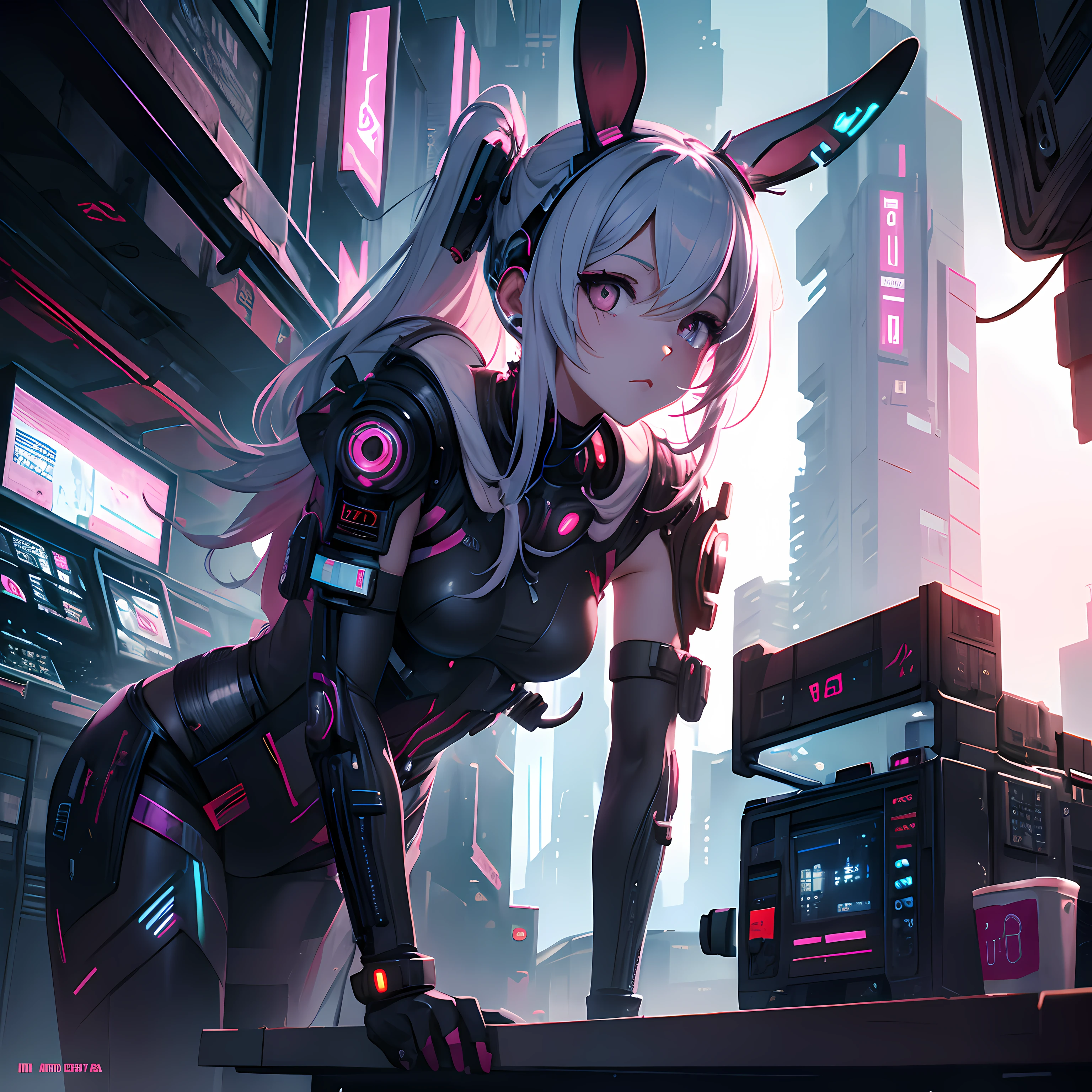 Rabbit-eared cyberpunk girl, delicate and detailed writing, masterpiece, masterpiece, 8K