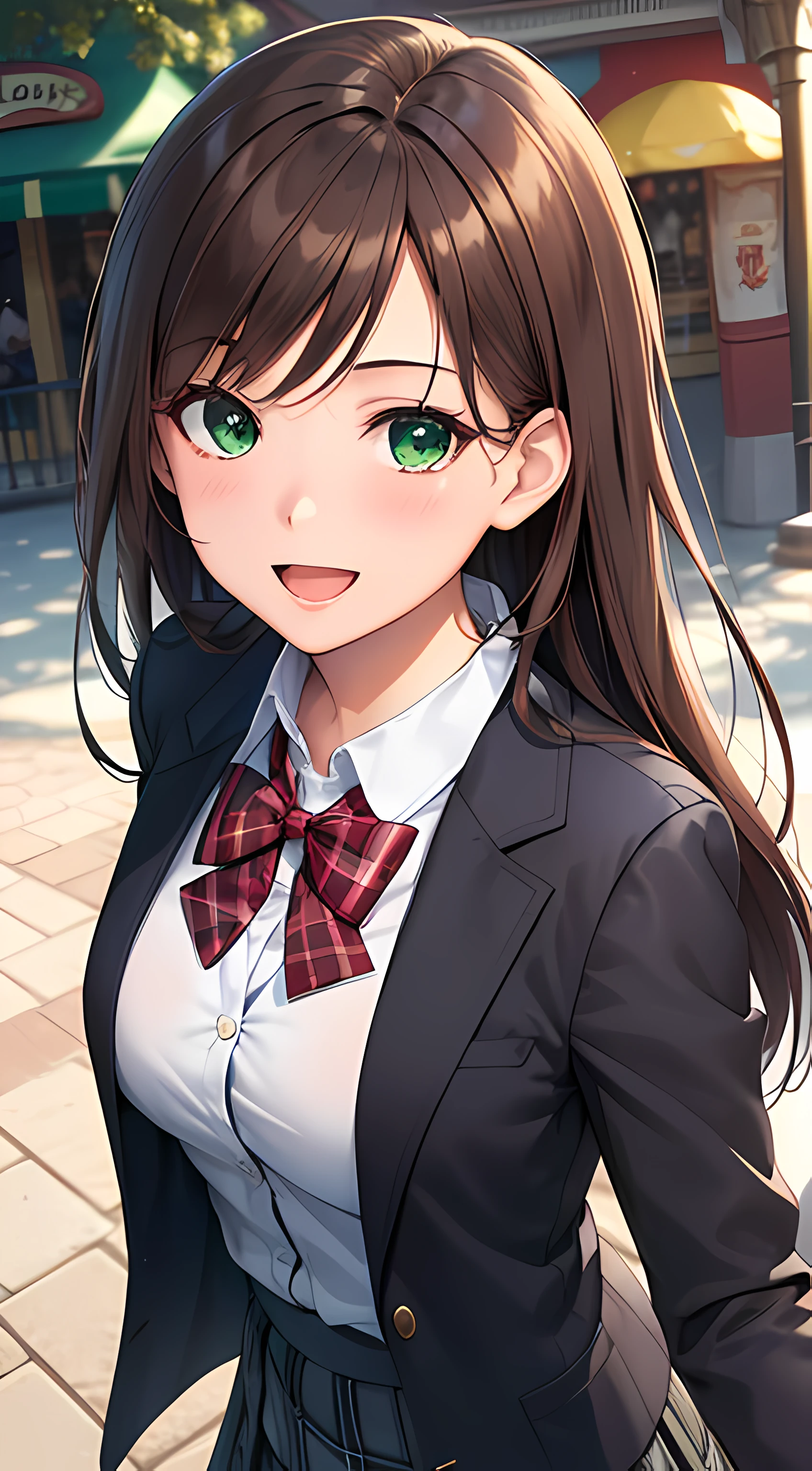 ((masterpiece, best quality, highres, UHD, perfect pixel, depth of field, 4k, RTX, HDR))), 1girl, single, solo, beautiful anime girl, beautiful artstyle, anime character, ((long hair, parted bangs, brown hair)), (green eyes:1.4, rounded eyes, beautiful eyelashes, realistic eyes), (detailed face, blushing:1.2), (smooth texture:0.75, realistic texture:0.65, photorealistic:1.1, anime CG style), medium breasts, (dynamic angle, dynamic pose:1.4, pov, close up), perfect body, (red bowtie, school uniform, black jacket, open jacket, brown cardigan, white shirt), ((black skirt:1.5, plaid skirt)), smile, open mouth, amusement park