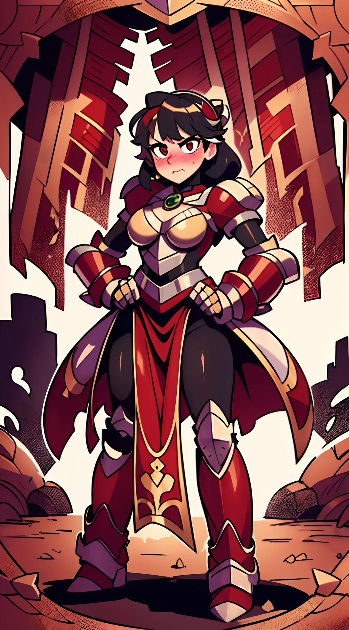 (best quality, masterpiece:1.2), Ryuko Matoi wearing armor, ultra-detailed, realistic, heavily armored, gauntlets holding skirt, encased in knight armor, small-chestplate, red gauntlets holding dress, mechsuit hands, steel-grey plating, intricate armor detailing, polished metal textures, powerful grip, mechanical gauntlets, intricate joint mechanisms, articulated fingers, luxurious purple fabric, flowing gown, holding dress, vibrant red and white dress, elegant folds, rich silver embroidery, regal attire, royal purple accents, ornate red and silver embellishments, majestic crown, shining red gemstones, imposing stature, majestic stance, formidable presence, dramatic lighting, spotlight, soft shadows, dramatic shadows, dynamic composition, intense colors, slightly muscular, bulky armor, chest adorned with gemstones, Ryuko Matoi's face, flustered and embarrassed, looking at viewer blushing, Ryuko Matoi’s hair, tied neatly into a hairbun, long flowing black hair, heavy knight armor.