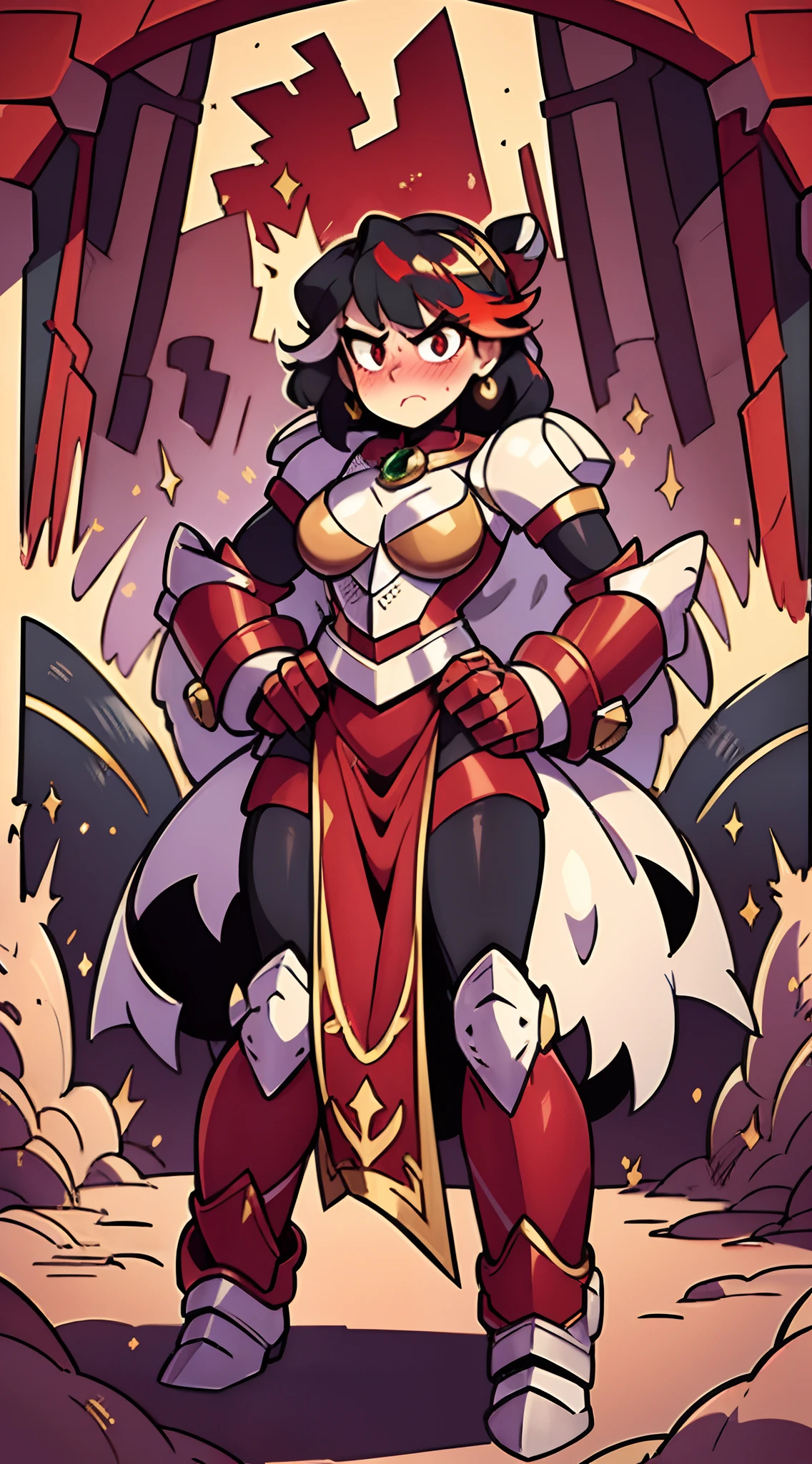 (best quality, masterpiece:1.2), Ryuko Matoi wearing armor, ultra-detailed, realistic, heavily armored, gauntlets holding skirt, encased in knight armor, small-chestplate, red gauntlets holding dress, mechsuit hands, steel-grey plating, intricate armor detailing, polished metal textures, powerful grip, mechanical gauntlets, intricate joint mechanisms, articulated fingers, luxurious purple fabric, flowing gown, holding dress, vibrant red and white dress, elegant folds, rich silver embroidery, regal attire, royal purple accents, ornate red and silver embellishments, majestic crown, shining red gemstones, imposing stature, majestic stance, formidable presence, dramatic lighting, spotlight, soft shadows, dramatic shadows, dynamic composition, intense colors, slightly muscular, bulky armor, chest adorned with gemstones, Ryuko Matoi's face, flustered and embarrassed, looking at viewer blushing, Ryuko Matoi’s hair, tied neatly into a hairbun, long flowing black hair, heavy knight armor.