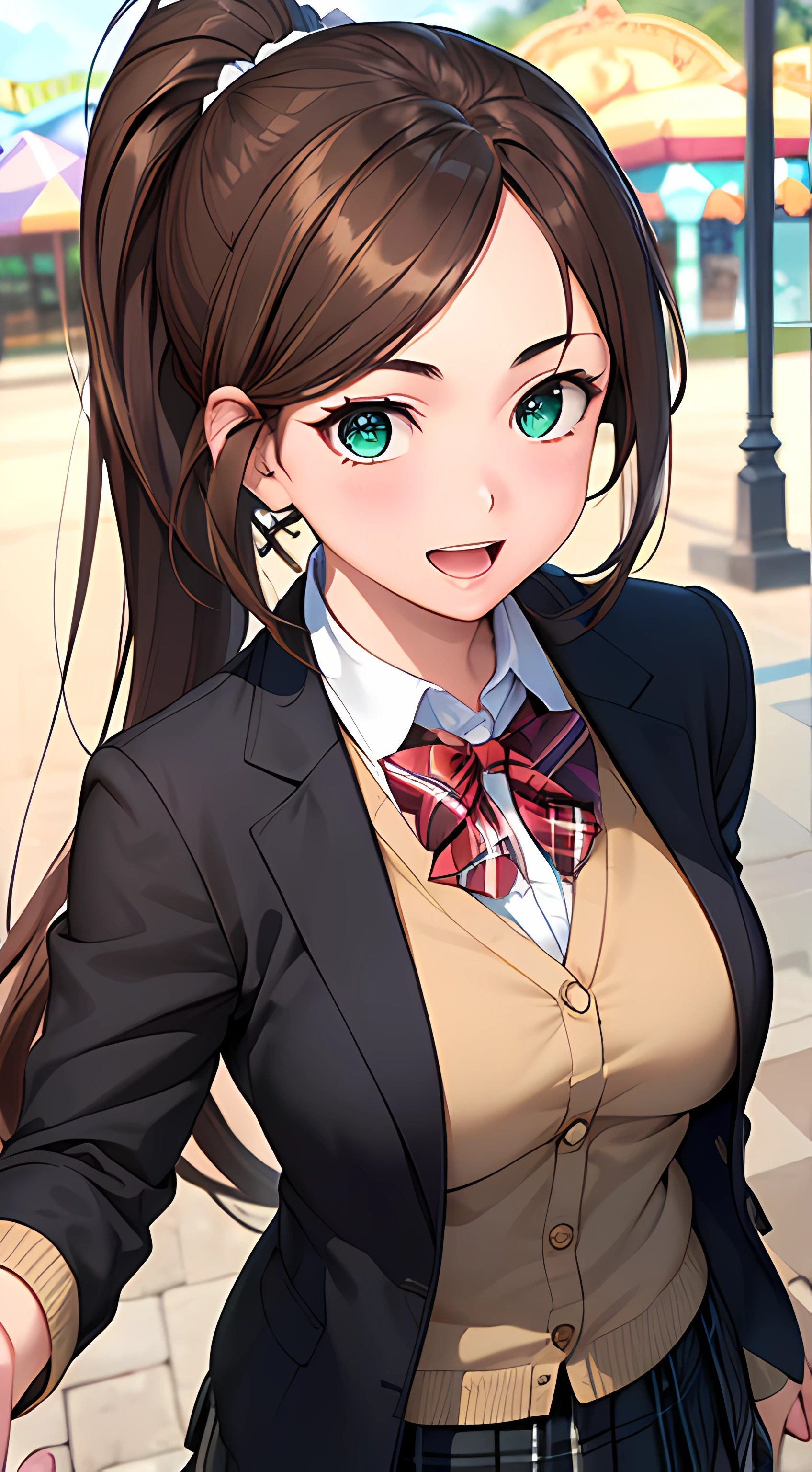 ((masterpiece, best quality, highres, UHD, perfect pixel, depth of field, 4k, RTX, HDR))), 1girl, single, solo, beautiful anime girl, beautiful artstyle, anime character, ((long hair, parted bangs, brown hair, ponytail:1.8)), (green eyes:1.4, rounded eyes, beautiful eyelashes, realistic eyes), (detailed face, blushing:1.2), (smooth texture:0.75, realistic texture:0.65, photorealistic:1.1, anime CG style), medium breasts, (dynamic angle, dynamic pose:1.4, pov, close up), perfect body, (red bowtie, school uniform, black jacket, open jacket, brown cardigan, white shirt), ((black skirt:1.5, plaid skirt)), smile, open mouth, amusement park