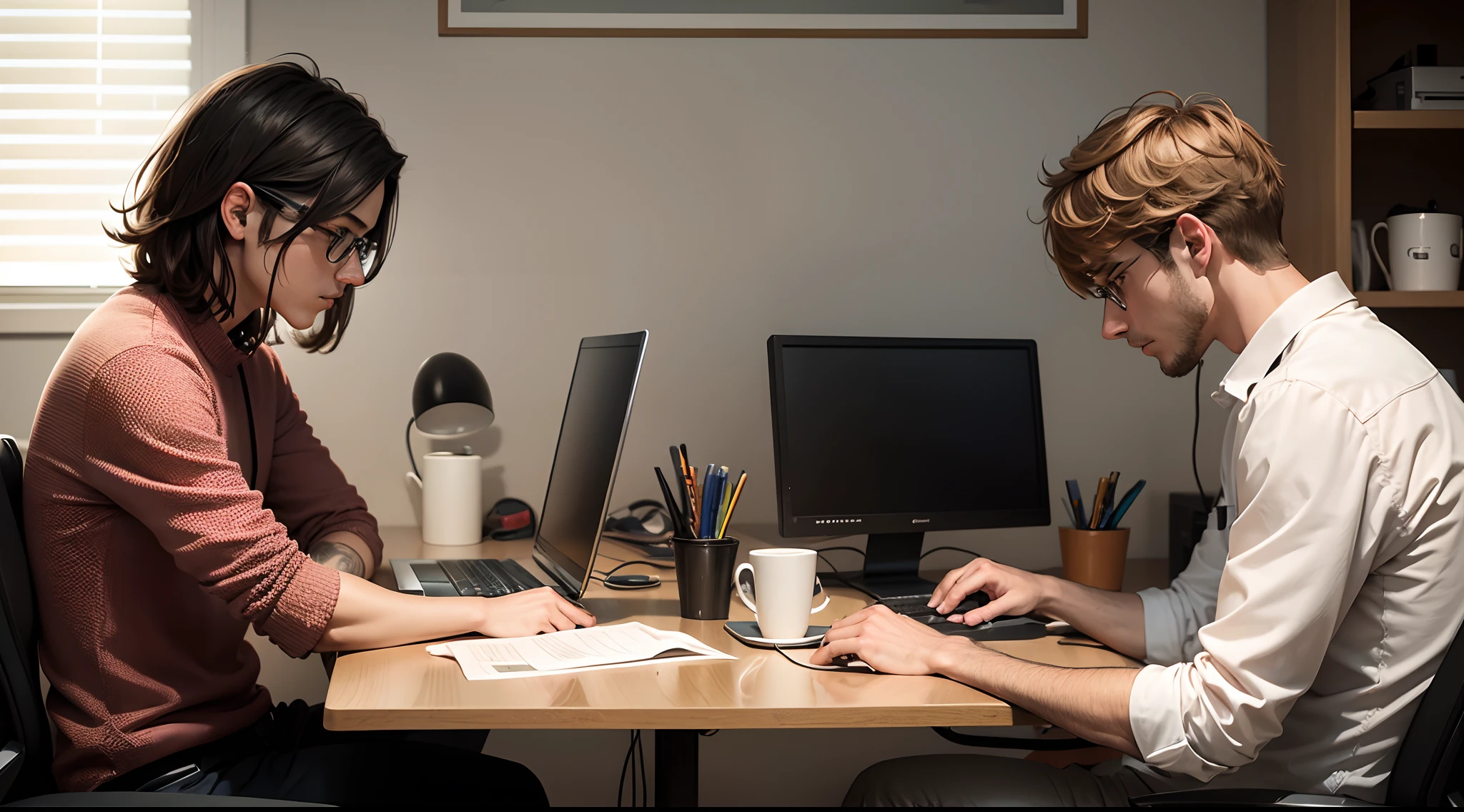 Two male programmers alone sitting at table at computer, the other is standing in front of the table