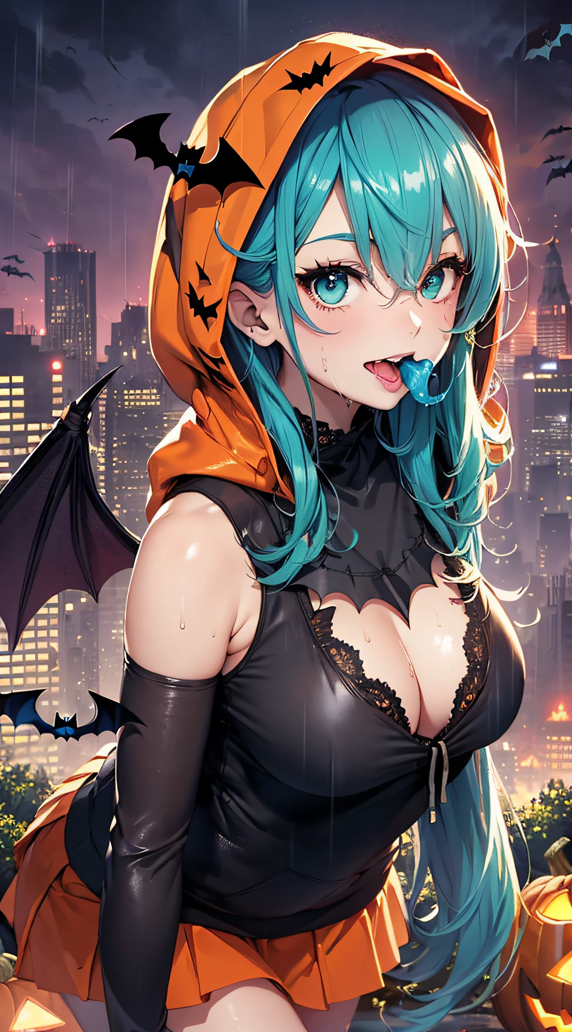 top-quality、Top image quality、​masterpiece、teens girl((18year old,Succubus、Black and orange tattered tank top,Tattered orange and black short skirt、Tattered orange short-sleeved hoodie、Wearing a hood,Best Bust、Bust 90、Light blue shiny hair、Longhaire,Blue-green eyes、open chest wide、Valley、Happiness、A slender、the whole body is wet、Leaning forward、Prank、Laughing mouth、Pointed teeth、Black wings)）hiquality、Beautiful Art、Background with((night cityscape、Red sky、Very heavy rain of blood,Halloween、the bats、pumpkins))、masutepiece、Elaborate design、visualart、Theatrical films