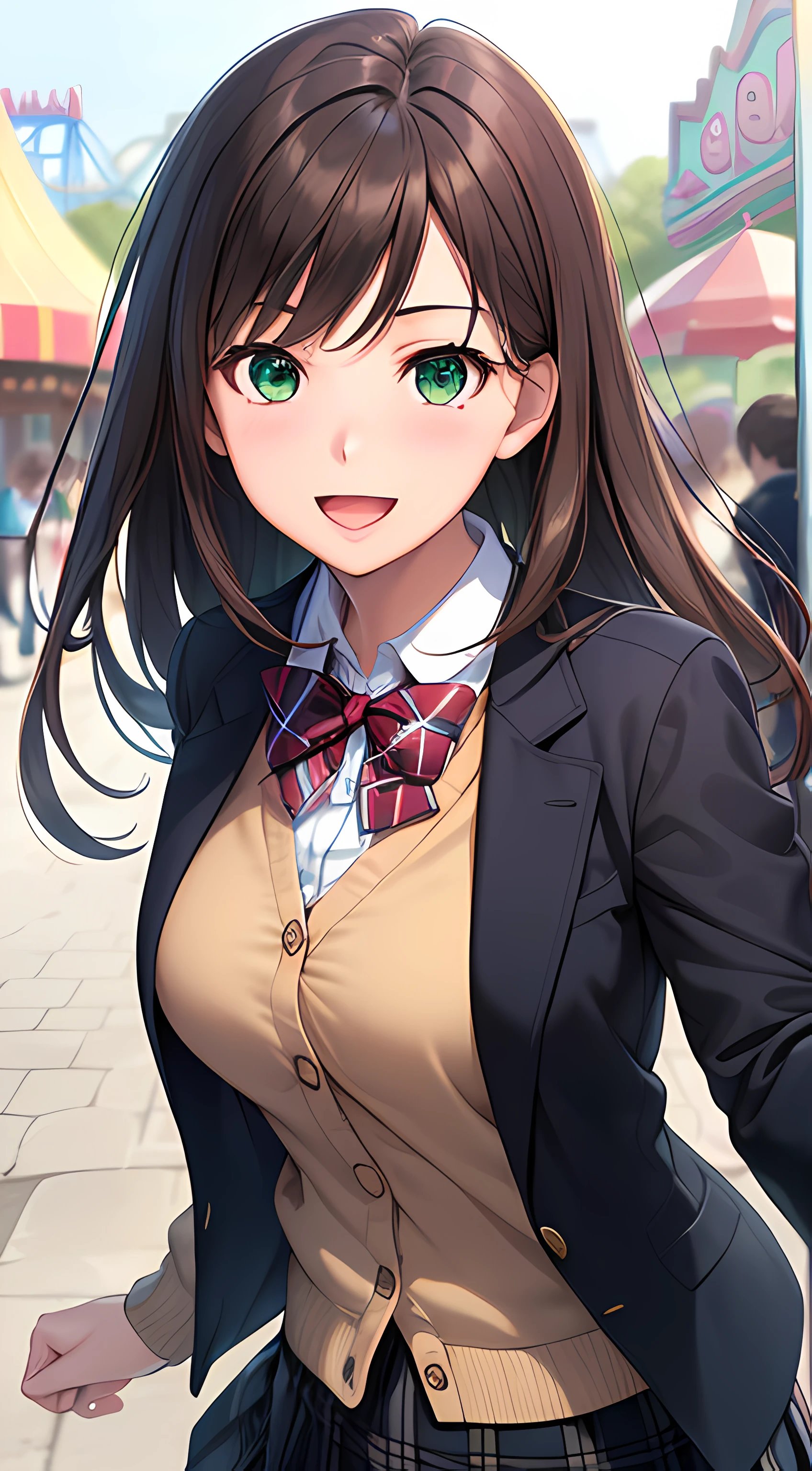 ((masterpiece, best quality, highres, UHD, perfect pixel, depth of field, 4k, RTX, HDR))), 1girl, single, solo, beautiful anime girl, beautiful artstyle, anime character, ((long hair, parted bangs, brown hair)), (green eyes:1.4, rounded eyes, beautiful eyelashes, realistic eyes), (detailed face, blushing:1.2), (smooth texture:0.75, realistic texture:0.65, photorealistic:1.1, anime CG style), medium breasts, (dynamic angle, dynamic pose:1.4, pov, close up, looking to viewer), perfect body, (red bowtie, school uniform, black jacket, open jacket, brown cardigan, white shirt), ((black skirt:1.5, plaid skirt)), smile, open mouth, amusement park