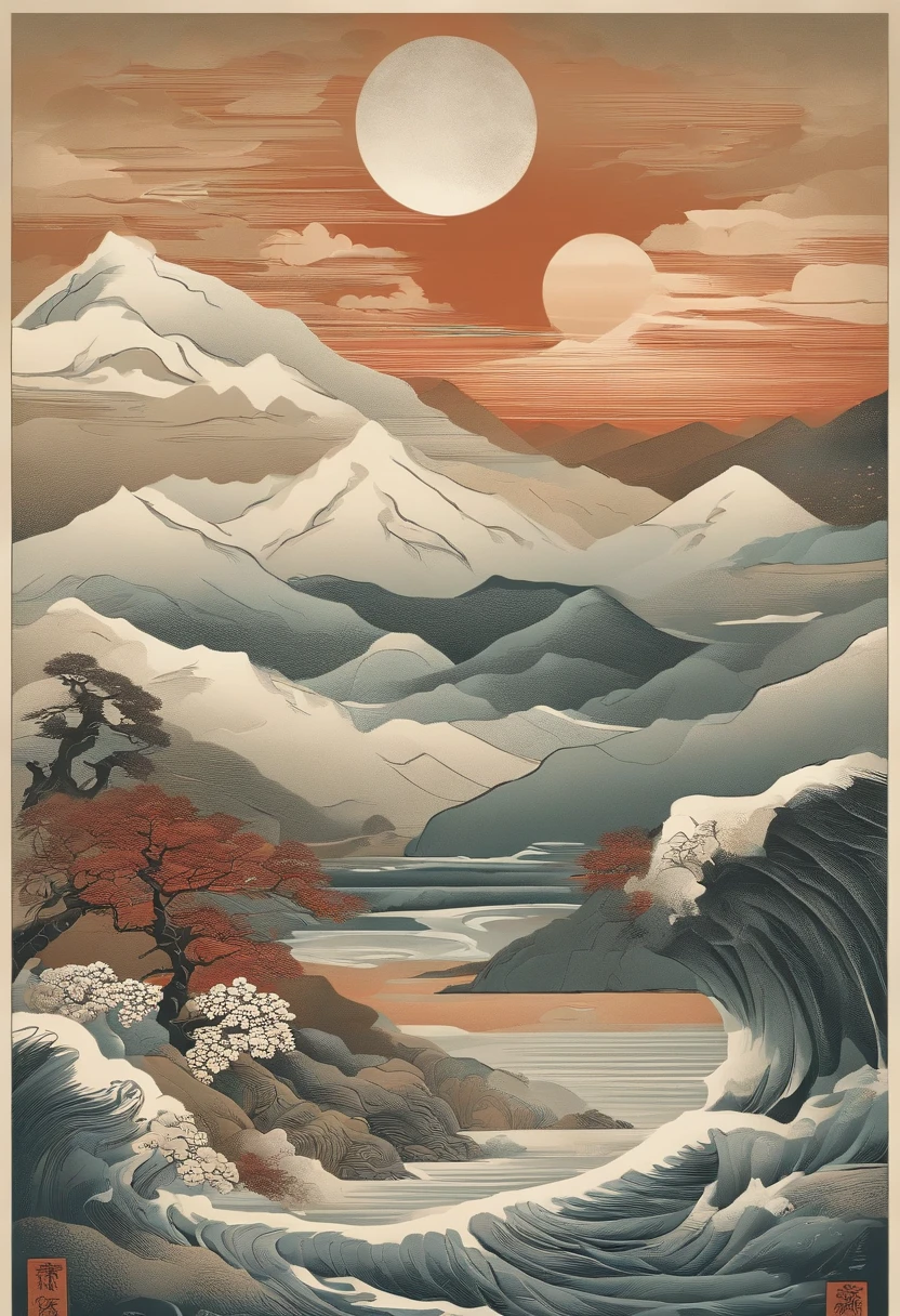 Yamakawa,rios,Sun,Mountain and Sea Skylark Scroll,Ancient mythology《Mountain and Sea Sutra》,mythological beasts,Suzaku has an epic composition,shadowing,National style,A very detailed ukiyo-e style illustration,A masterpiece with packaging design,Lifelike illustrations,Layered composition,Calm and pastel palette - AR 3:4-upbeta-s 750-style original shaqima box