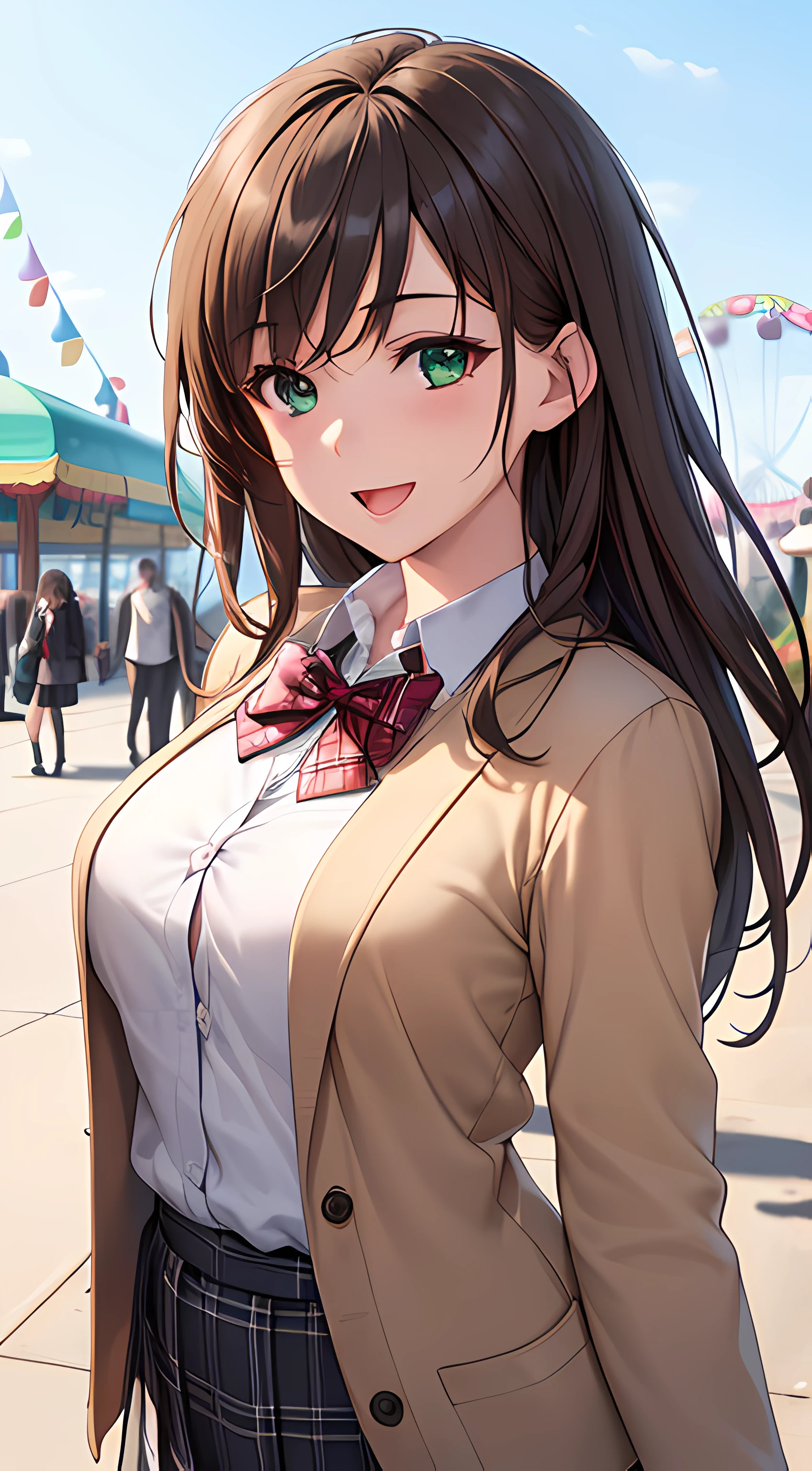 ((masterpiece, best quality, highres, UHD, perfect pixel, depth of field, 4k, RTX, HDR))), 1girl, single, solo, beautiful anime girl, beautiful artstyle, anime character, ((long hair, parted bangs, brown hair)), (green eyes:1.4, rounded eyes, beautiful eyelashes, realistic eyes), (detailed face, blushing:1.2), (smooth texture:0.75, realistic texture:0.65, photorealistic:1.1, anime CG style), medium breasts, (dynamic angle, dynamic pose:1.4, pov, close up, looking to viewer), perfect body, (red bowtie, school uniform, black jacket, open jacket, brown cardigan, white shirt), ((black skirt:1.5, plaid skirt)), smile, open mouth, amusement park