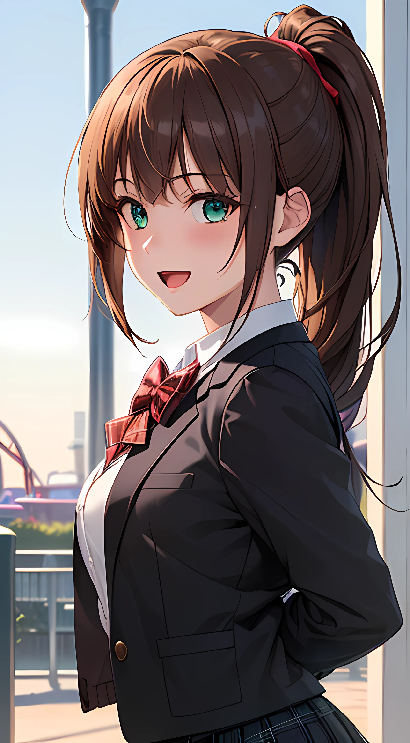 ((masterpiece, best quality, highres, UHD, perfect pixel, depth of field, 4k, RTX, HDR))), 1girl, single, solo, beautiful anime girl, beautiful artstyle, anime character, ((long hair, bangs, brown hair, ponytail:1.5)), (green eyes:1.4, rounded eyes, beautiful eyelashes, realistic eyes), (detailed face, blushing:1.2), (smooth texture:0.75, realistic texture:0.65, photorealistic:1.1, anime CG style), medium breasts, (dynamic angle, dynamic pose:1.4, pov, close up, looking to viewer), perfect body, (red bowtie, school uniform, black jacket, open jacket, brown cardigan, white shirt), ((black skirt:1.5, plaid skirt)), smile, open mouth, amusement park