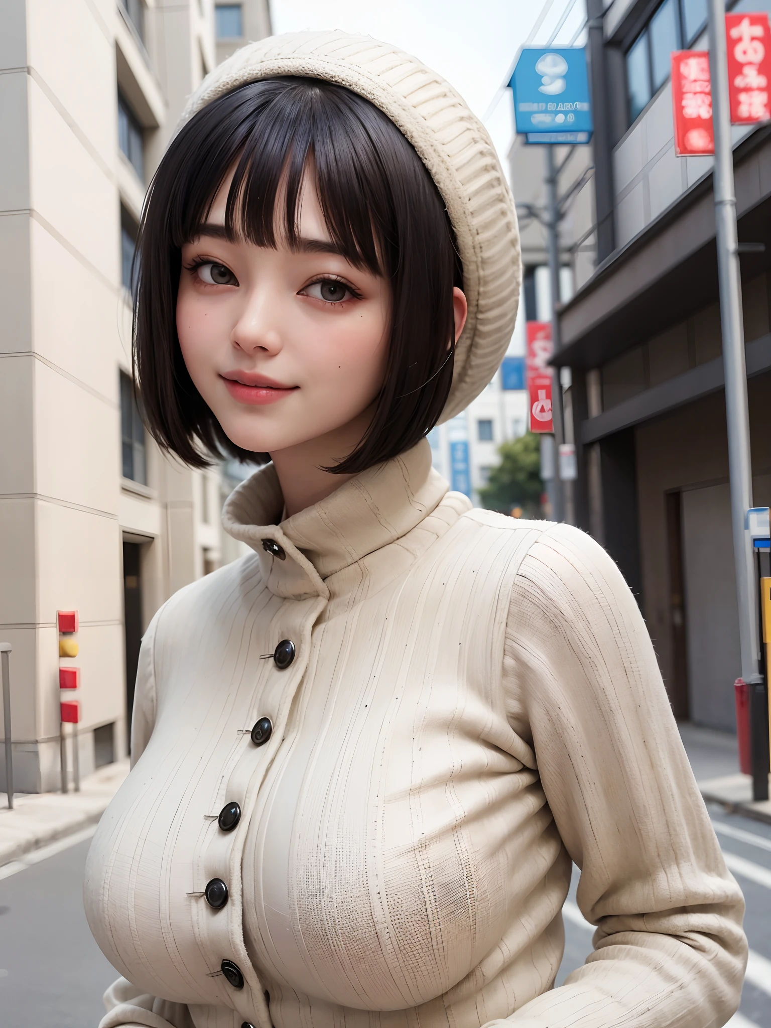 (masterpiece, top-quality、Beautiful woman full of adult charm8),1girl in, 独奏, A dark-haired, scarf, Hats,, realisitic, looking at the viewers, black eyes of light color, shorth hair, coat, Winter clothes, White headscarf, s lips, lipgloss,bangss,, a closed mouth, The upper part of the body、big eye、Lashes、((Street))、((Shorthair with bangs、big eye、Put very strong highlights in your students、very Bigger breasts、gazing at viewer、Very beautiful beauty、Put your ears out、long neck、little smiling、Close your mouth and smile)))、28 year old、Cute supermodels、blue-sky