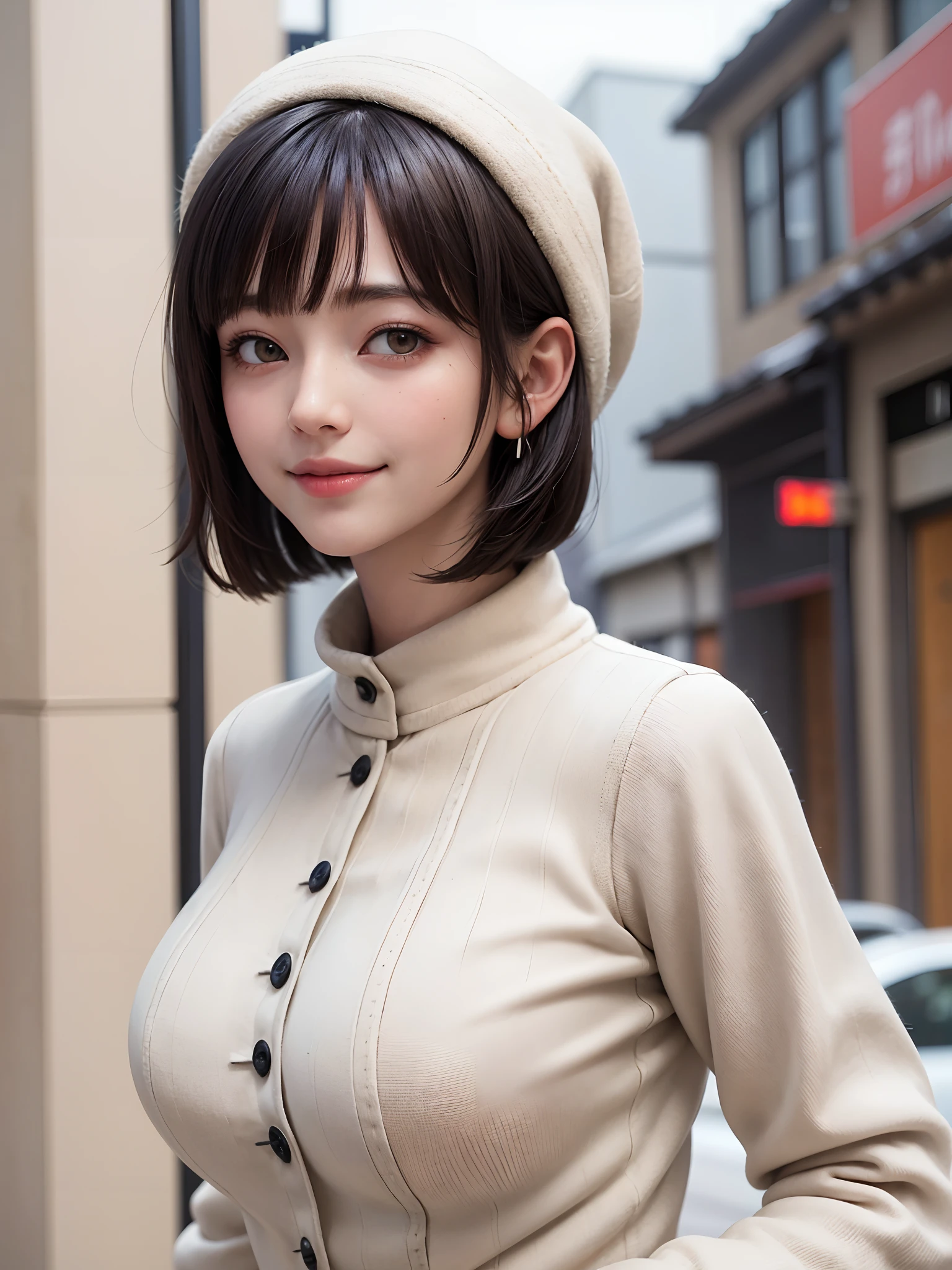 (masterpiece, top-quality、Beautiful woman full of adult charm8),1girl in, 独奏, A dark-haired, scarf, Hats,, realisitic, looking at the viewers, black eyes of light color, shorth hair, coat, Winter clothes, White headscarf, s lips, lipgloss,bangss,, a closed mouth, The upper part of the body、big eye、Lashes、((Street))、((Shorthair with bangs、big eye、Put very strong highlights in your students、very Bigger breasts、gazing at viewer、Very beautiful beauty、Put your ears out、long neck、little smiling、Close your mouth and smile)))、28 year old、Cute supermodels、blue-sky