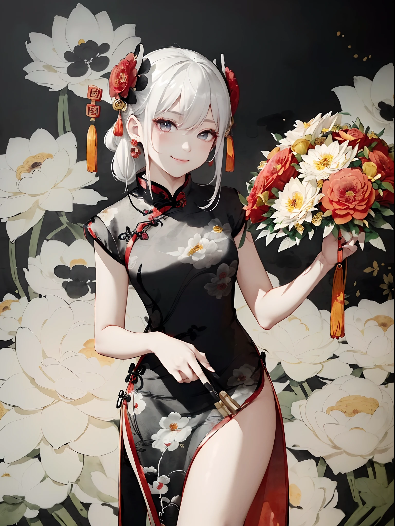 ((8K,masterpiece、top-quality))、((Traditional Chinese Ink Painting:1.4)),lotuses,((qipao dress:1.3)),((flower bouquet,A slight smil:1.4)),Dress conservatively ,独奏、white hair、fox ear、blanche,looking at viewert