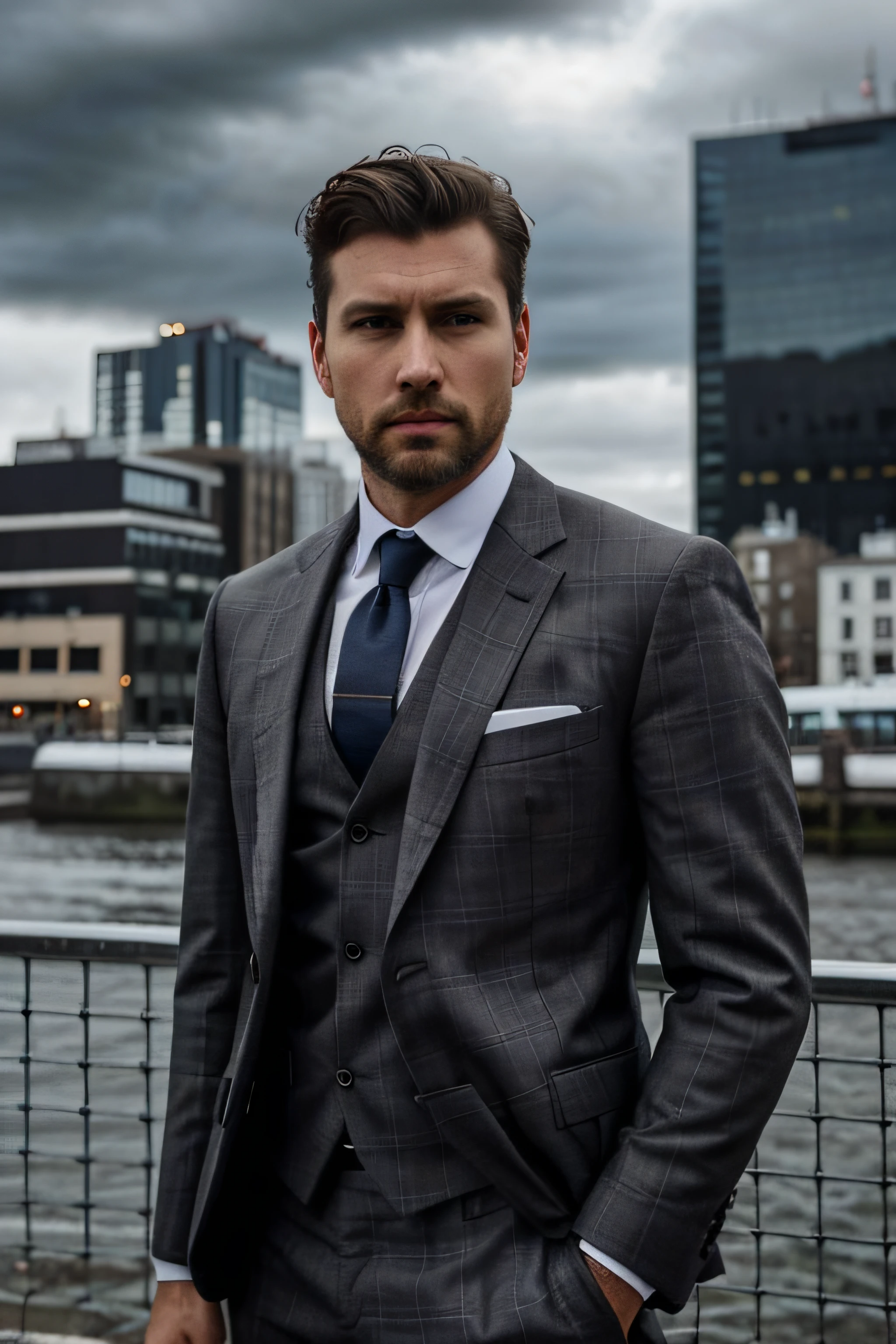 33 years old male model, handsome, gray tailored plaid suit, short brown hair, quiff hairstyle, medium length beard, serious face, city landscape, cloudy day, high detail face, high detail clothes, ultrarealistic, dark shot, cinematic, professional photo