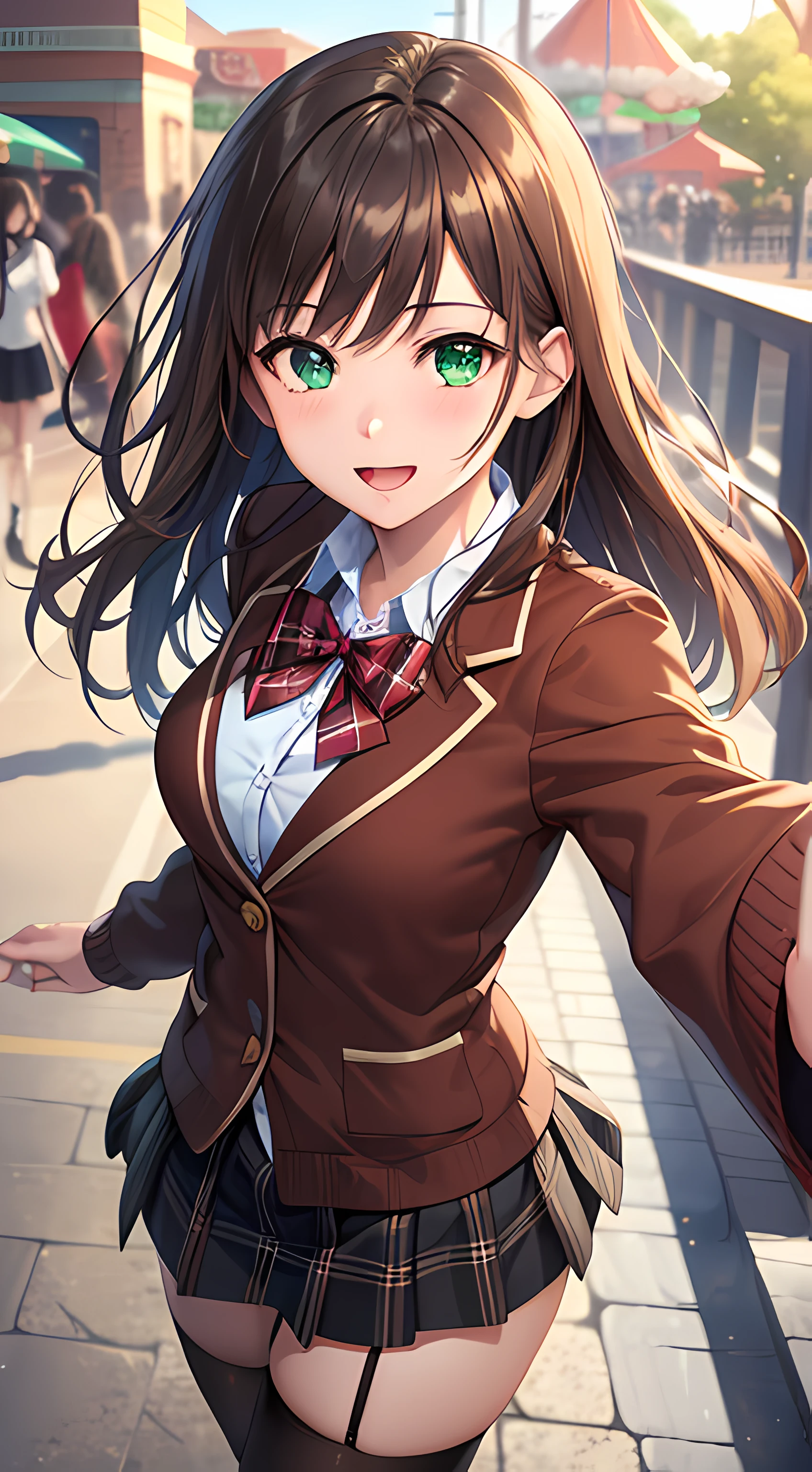 ((masterpiece, best quality, highres, UHD, perfect pixel, depth of field, 4k, RTX, HDR))), 1girl, single, solo, beautiful anime girl, beautiful artstyle, anime character, ((long hair, bangs, brown hair)), (green eyes:1.4, rounded eyes, beautiful eyelashes, realistic eyes), (detailed face, blushing:1.2), (smooth texture:0.75, realistic texture:0.65, photorealistic:1.1, anime CG style), medium breasts, (dynamic angle, dynamic pose:1.4, pov, close up, looking to viewer), perfect body, (red bowtie, school uniform, black jacket, closed jacket, brown cardigan, white shirt), ((black skirt:1.5, plaid skirt, black stocking)), smile, open mouth, amusement park
