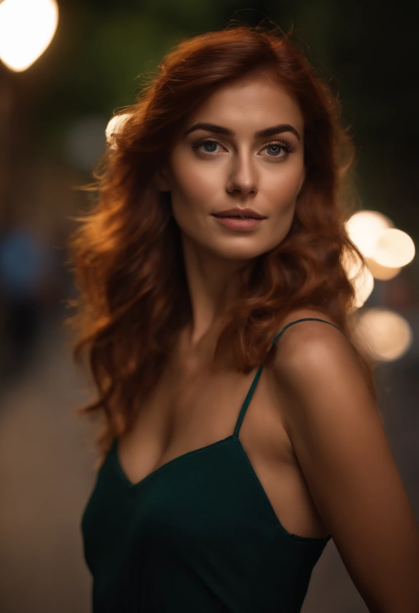 (Tomar selfies, Vista descendente: 1.4), (torso medio recto: 1.4), Portrait photo of a 24-year-old redhead in RAW UHD format (Mujer de ojos grises) Walking down the dark alley, pechos grandes,, Ciudad Nocturna , (Falda superior), (Cultivo), Detalles (Texturas! , cabello! , resplandeciente, Color!! , Imperfecciones: 1.1), Ojos brillantes muy detallados (gaze at the camera), Lighting DSLR, SLR camera, Calidad Ultra, agudeza , Profundidad de campo, Film grain (centro), Fujifilm XT3, Cristalina, Centro del marco, Cara hermosa, foco nítido, farola, Neon lighting, Bokeh (poca luz), Noche, (cielo nocturno), poros detallados de la piel, piel grasa, tan, Detalles oculares complejos, cuerpo completo