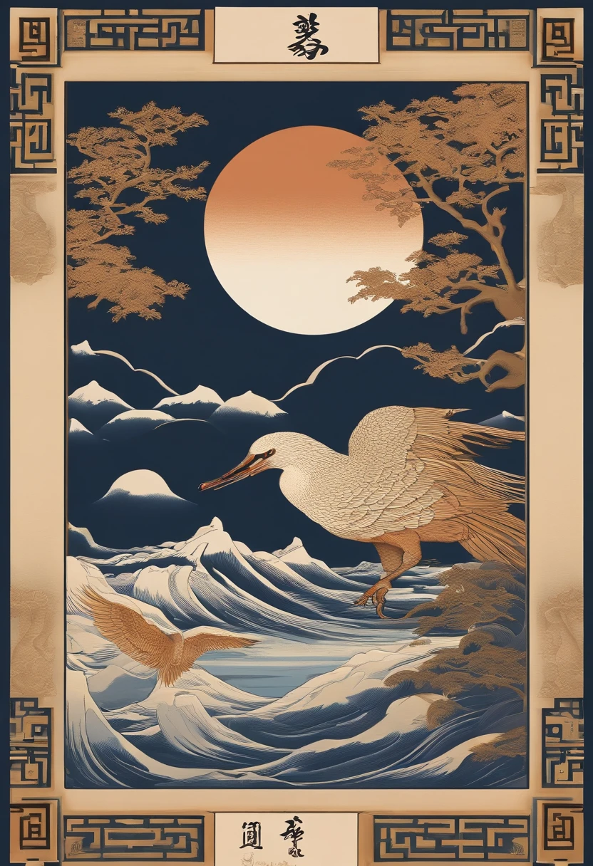 Carton packaging：Yamakawa，rios，Sun，Mountain and Sea Skylark Scroll，Ancient mythology《Mountain and Sea Sutra》，mythological beasts，Suzaku has an epic composition，shadowing，National style，A very detailed ukiyo-e style illustration，A masterpiece with packaging design，Lifelike illustrations，Layered composition，Calm and pastel palette - AR 3:Original box in 4-upbeta-S 750-style