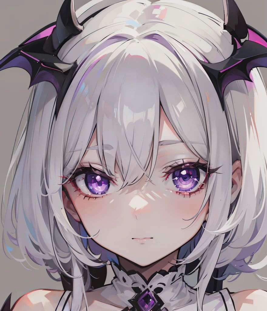 Creamy white hair,Deep purple pupils,A cute and seductive succubus girl