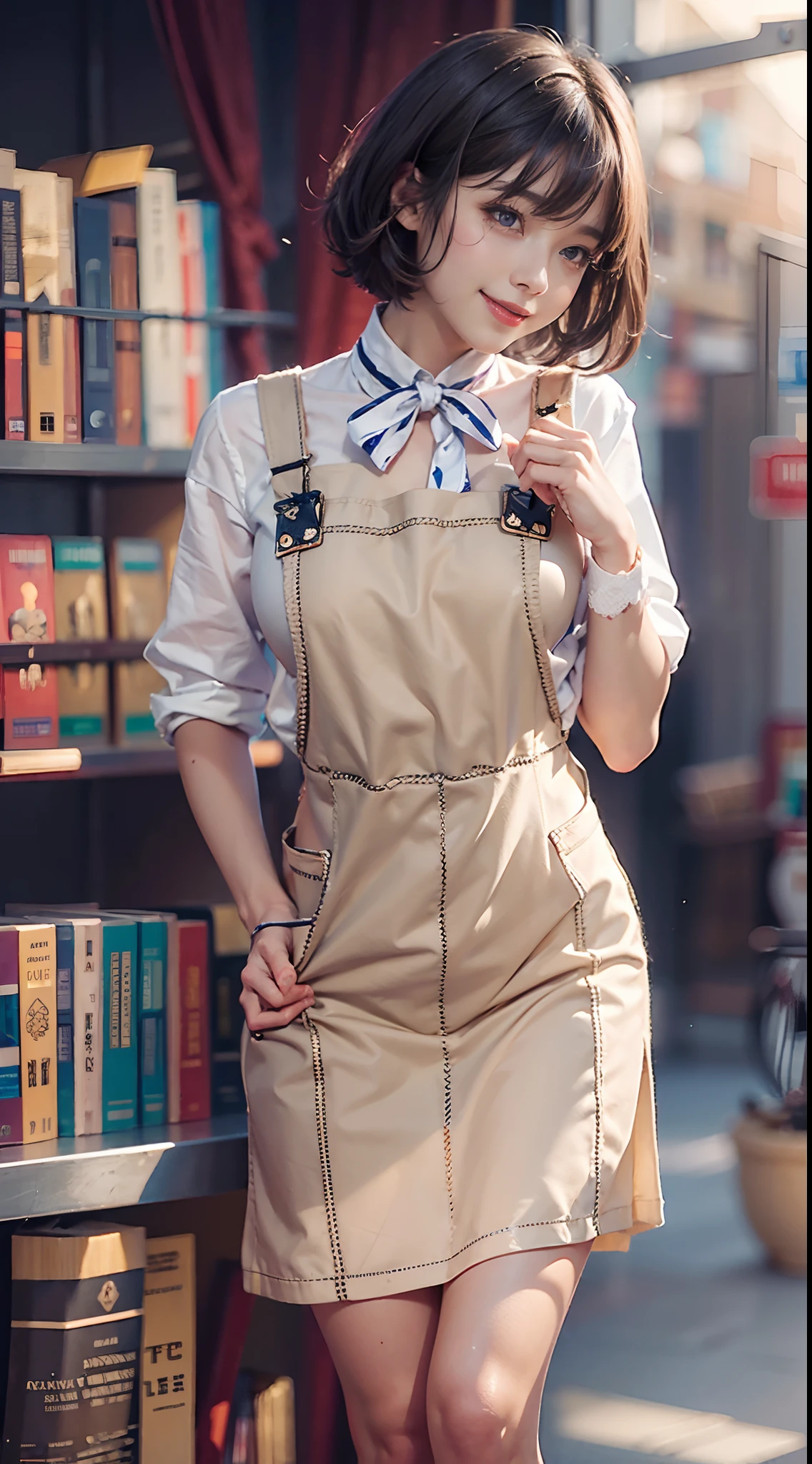 (((nsfw)))、close range、Beautiful woman、cute、((Female Nursery Teacher))、smile、Extra Very Short Hair、((Delicate photo)),(Detailed RAW photos of girls), (Tabletop:1.0), (Highest quality:1.6), (Ultra-high resolution:1.5), (Realistic:1.75), 8K resolution, Absurd, Ultra-detailed,Cinema Lighting,、nursery school、((Wearing an apron))、(Hairstyle with bangs)、Long sleeve T-shirt、((Colorful kids room:1.1))、((Lots of toys:1.))、((cute壁紙の部屋))、((Simple panties are visible:1.2))