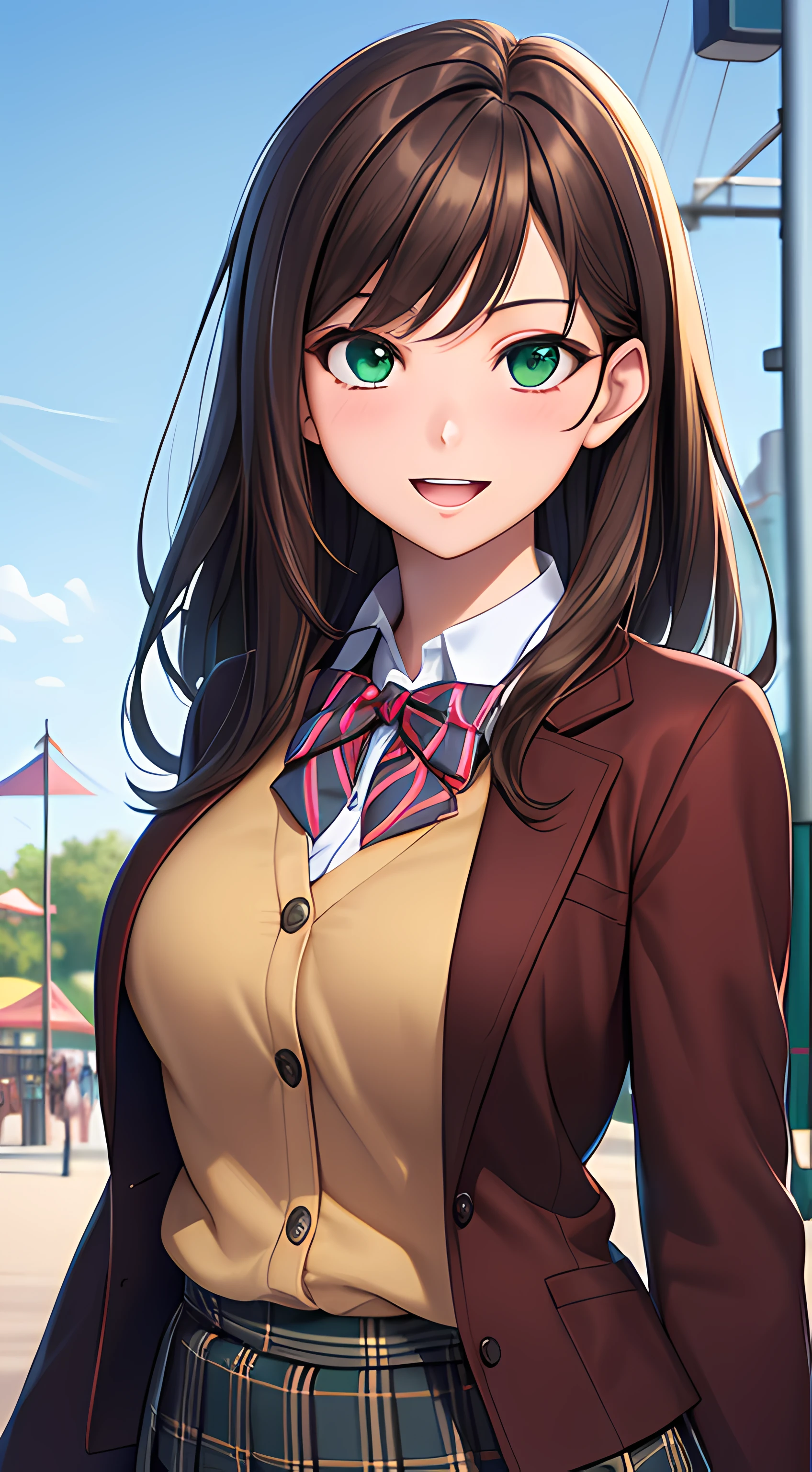 ((masterpiece, best quality, highres, UHD, perfect pixel, depth of field, 4k, RTX, HDR))), 1girl, single, solo, beautiful anime girl, beautiful artstyle, anime character, ((long hair, bangs, brown hair)), (green eyes:1.4, rounded eyes, beautiful eyelashes, realistic eyes), (detailed face, blushing:1.2), (smooth texture:0.75, realistic texture:0.65, photorealistic:1.1, anime CG style), medium breasts, (dynamic angle, dynamic pose:1.4, pov, close up, looking to viewer), perfect body, (red bowtie, school uniform, black jacket, closed jacket, brown cardigan, white shirt), ((black skirt:1.5, plaid skirt)), smile, open mouth, amusement park