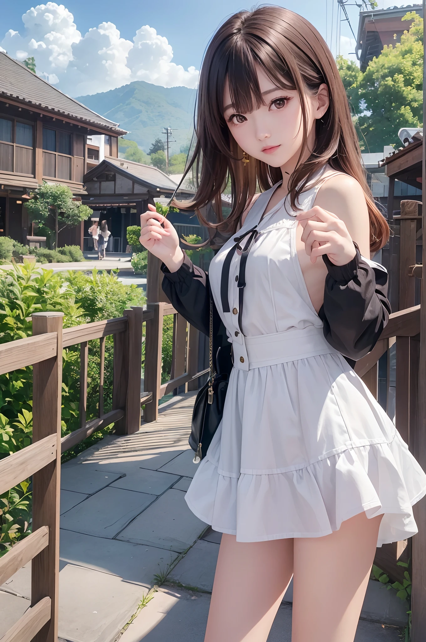 Hi-Res、masterwork、Chizuru Ichinose、Brown hair、soio、Female one、outside of house、细致背景、A detailed eye、（（brown-eyed））,Beautiful and perfect legs, Clean and perfect hands