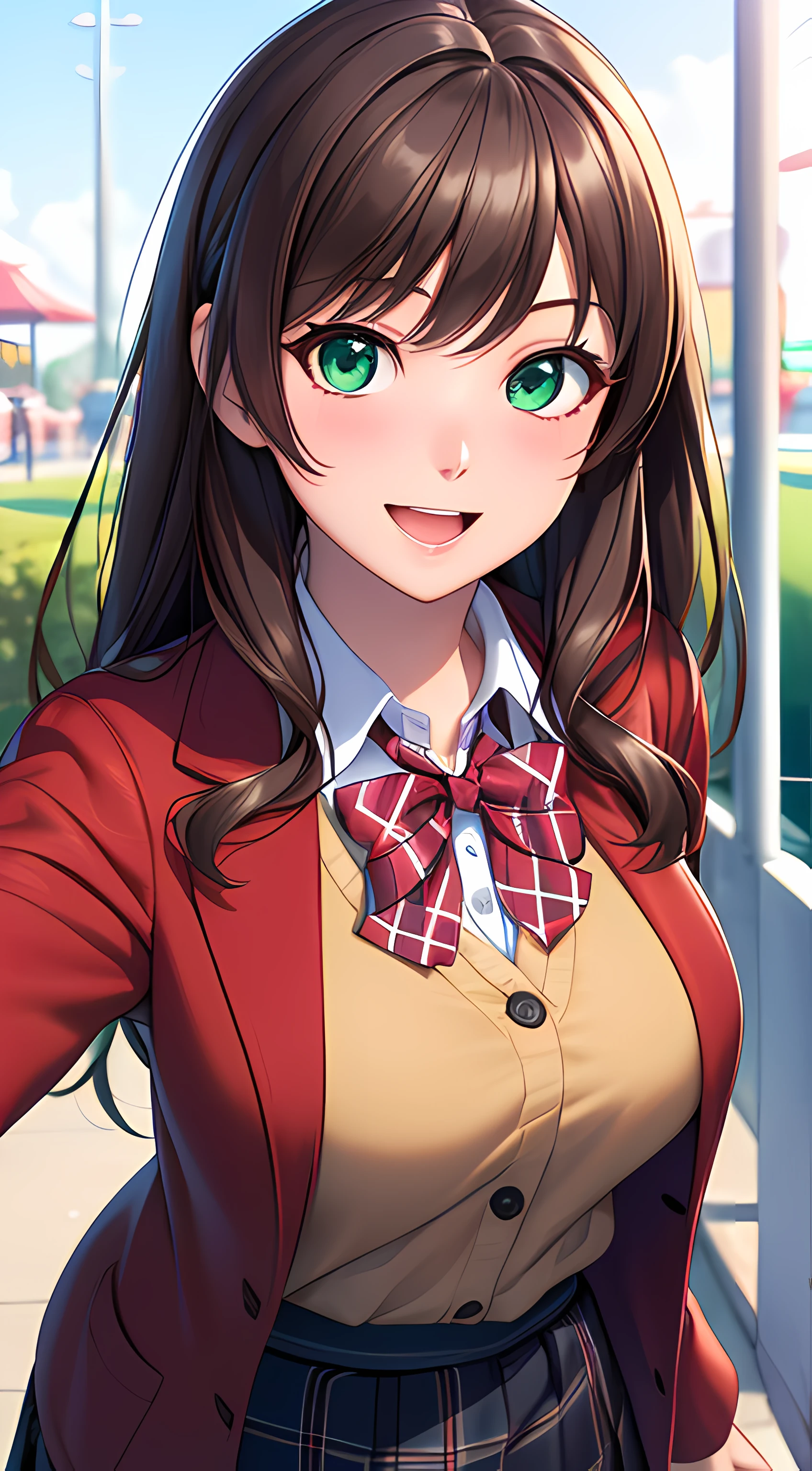 ((masterpiece, best quality, highres, UHD, perfect pixel, depth of field, 4k, RTX, HDR))), 1girl, single, solo, beautiful anime girl, beautiful artstyle, anime character, ((long hair, bangs, brown hair)), (green eyes:1.4, rounded eyes, beautiful eyelashes, realistic eyes), (detailed face, blushing:1.2), (smooth texture:0.75, realistic texture:0.65, photorealistic:1.1, anime CG style), medium breasts, (selfie, dynamic angle, dynamic pose:1.4, pov, close up, looking to viewer), perfect body, (red bowtie, school uniform, black jacket, closed jacket, brown cardigan, white shirt), ((black skirt:1.5, plaid skirt, black stocking)), smile, open mouth, amusement park