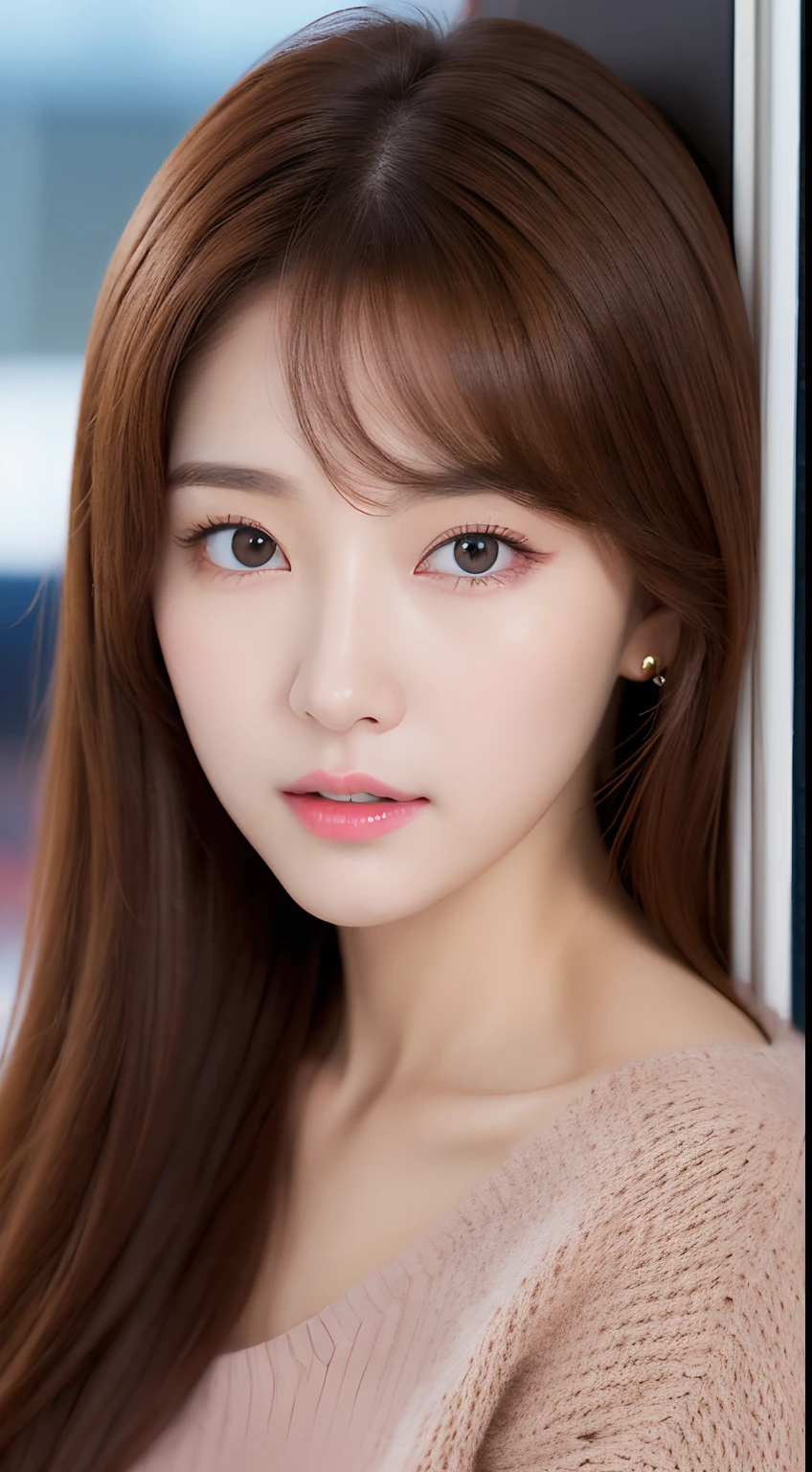 Realistic photos of (1 cute Korean star) brown hair over one eye, thin makeup, 32 inch breasts size, wearing sweater, sitting in airport, close-up portrait, UHD