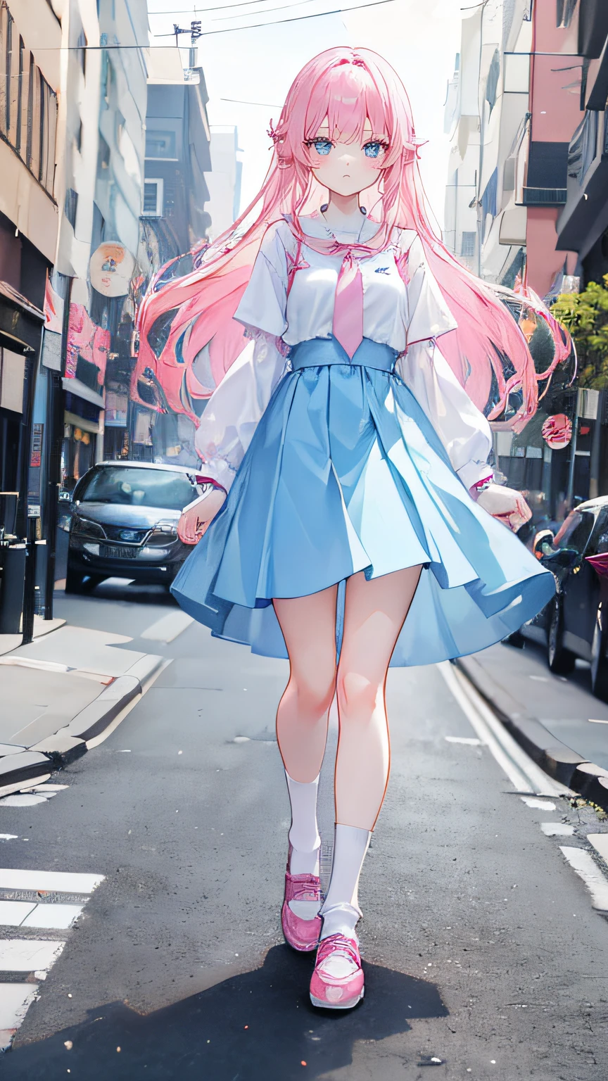 Pink hair,long whitr hair,Neat bangs,Qi bangs,skyblue eyes,,adolable,s girl,a blue dress,White silk knee socks,Wear pink leather shoes on your feet,full-body photo on the front,All body,Fingers and arms are not exposed,Background street
