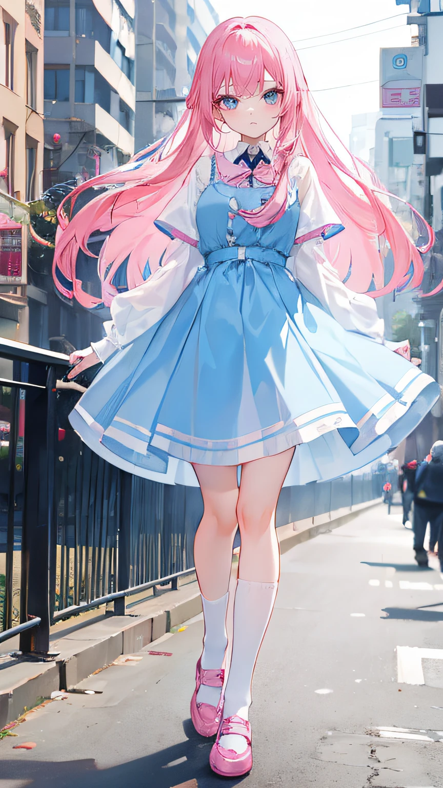 Pink hair,long whitr hair,Neat bangs,Qi bangs,skyblue eyes,,adolable,teens girl,a blue dress,White silk knee socks,Wear pink leather shoes on your feet,full-body photo on the front,All body,Fingers and arms are not exposed,Background street