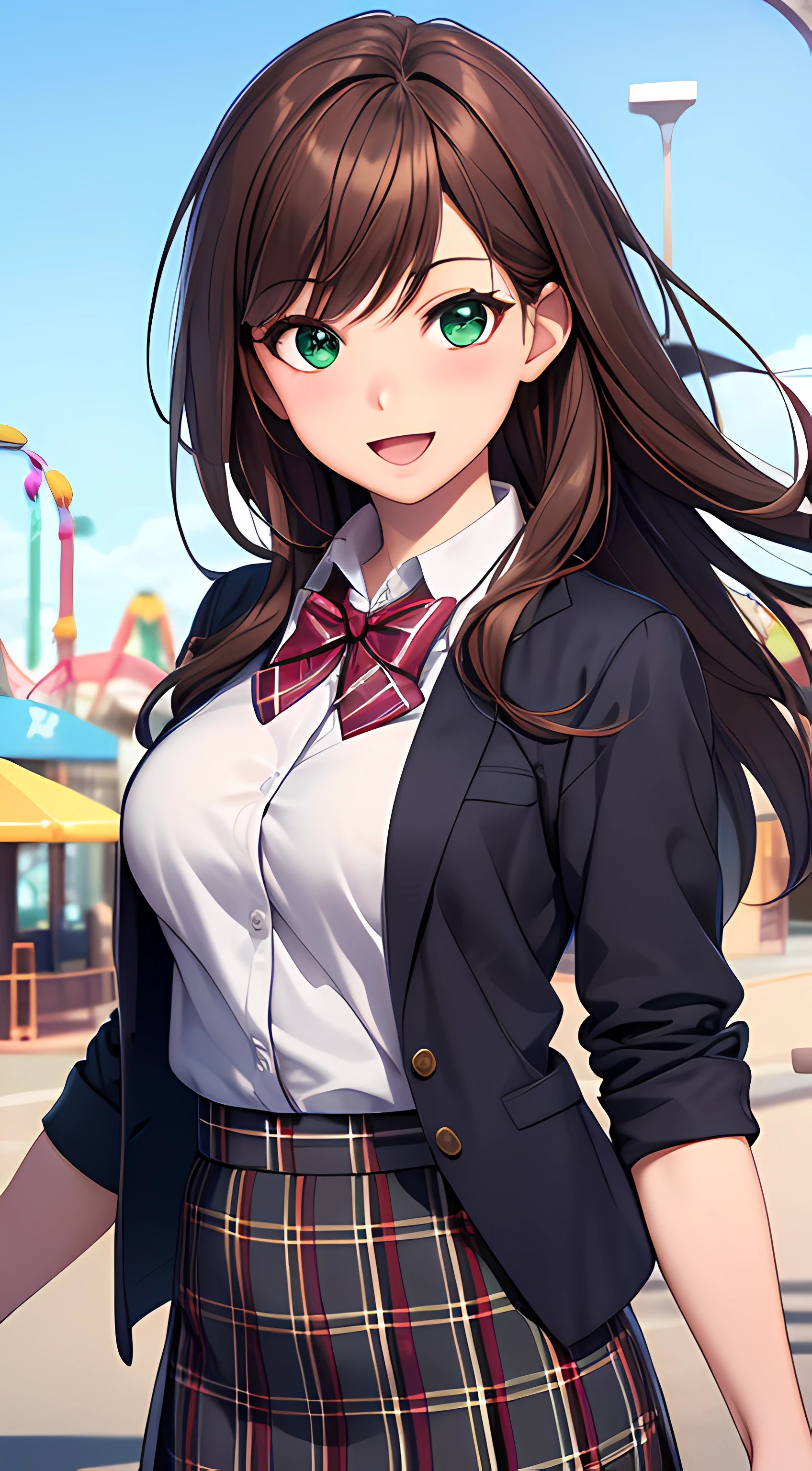 ((masterpiece, best quality, highres, UHD, perfect pixel, depth of field, 4k, RTX, HDR))), 1girl, single, solo, beautiful anime girl, beautiful artstyle, anime character, ((long hair, bangs, brown hair)), (green eyes:1.4, rounded eyes, beautiful eyelashes, realistic eyes), (detailed face, blushing:1.2), (smooth texture:0.75, realistic texture:0.65, photorealistic:1.1, anime CG style), medium breasts, (dynamic angle, dynamic pose:1.4, pov, close up, looking to viewer), perfect body, (red bowtie, school uniform, black jacket, closed jacket, brown cardigan, white shirt), ((black skirt:1.5, plaid skirt)), smile, open mouth, amusement park