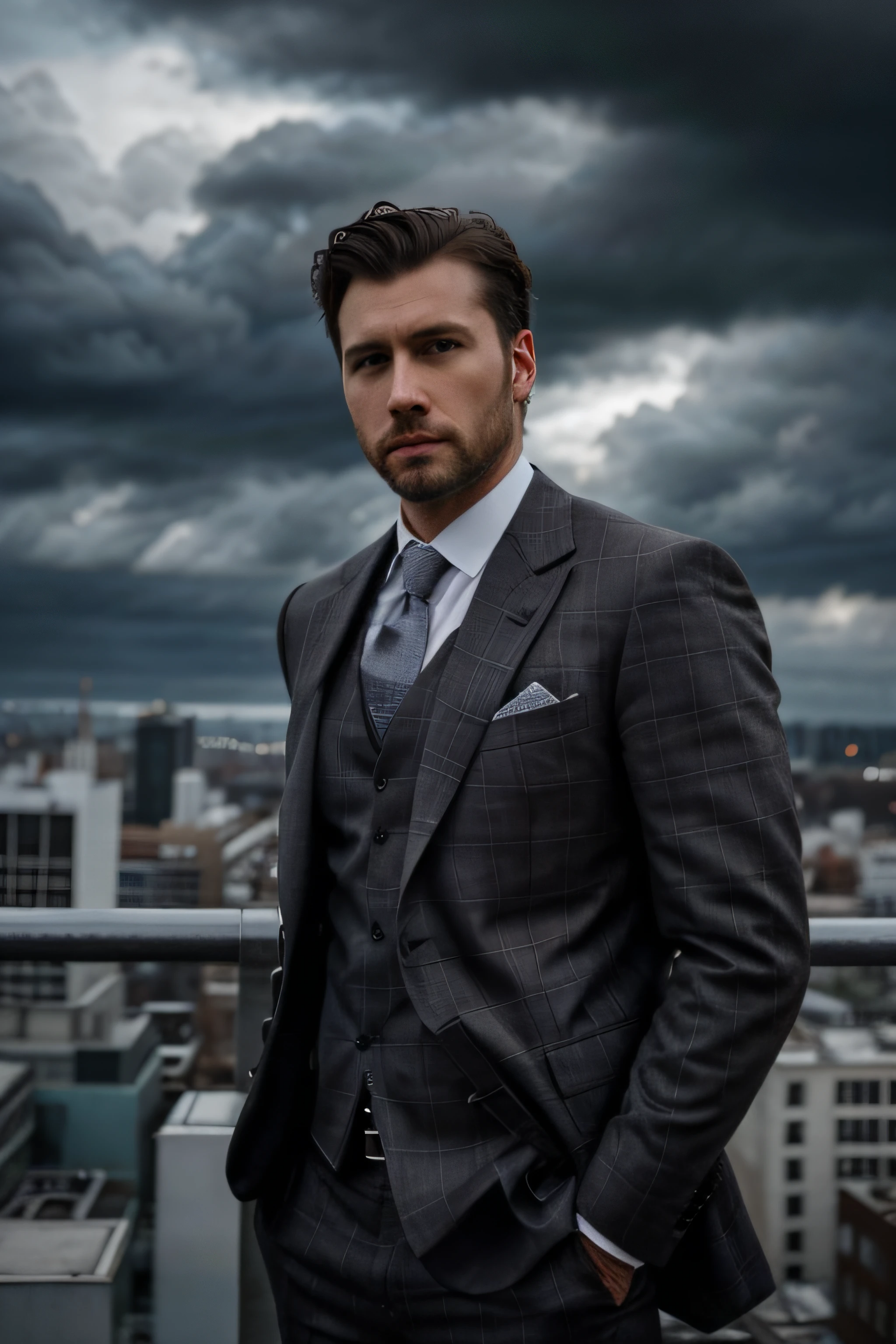 33 years old male model, handsome, gray tailored plaid suit, short brown hair, quiff hairstyle, medium length beard, serious face, city landscape, cloudy day, high detail face, high detail clothes, ultrarealistic, dark shot, cinematic, professional photo