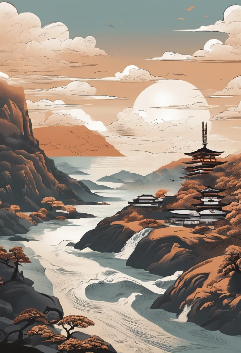 Carton packaging scene diagram:Yamakawa,rios,Sun,Epic composition,shadowing,National style,A very detailed ukiyo-e style illustration,A masterpiece with packaging design,Lifelike illustrations,Layered composition,Calm and pastel palette - AR 3:4-upbeta-s 750-style original