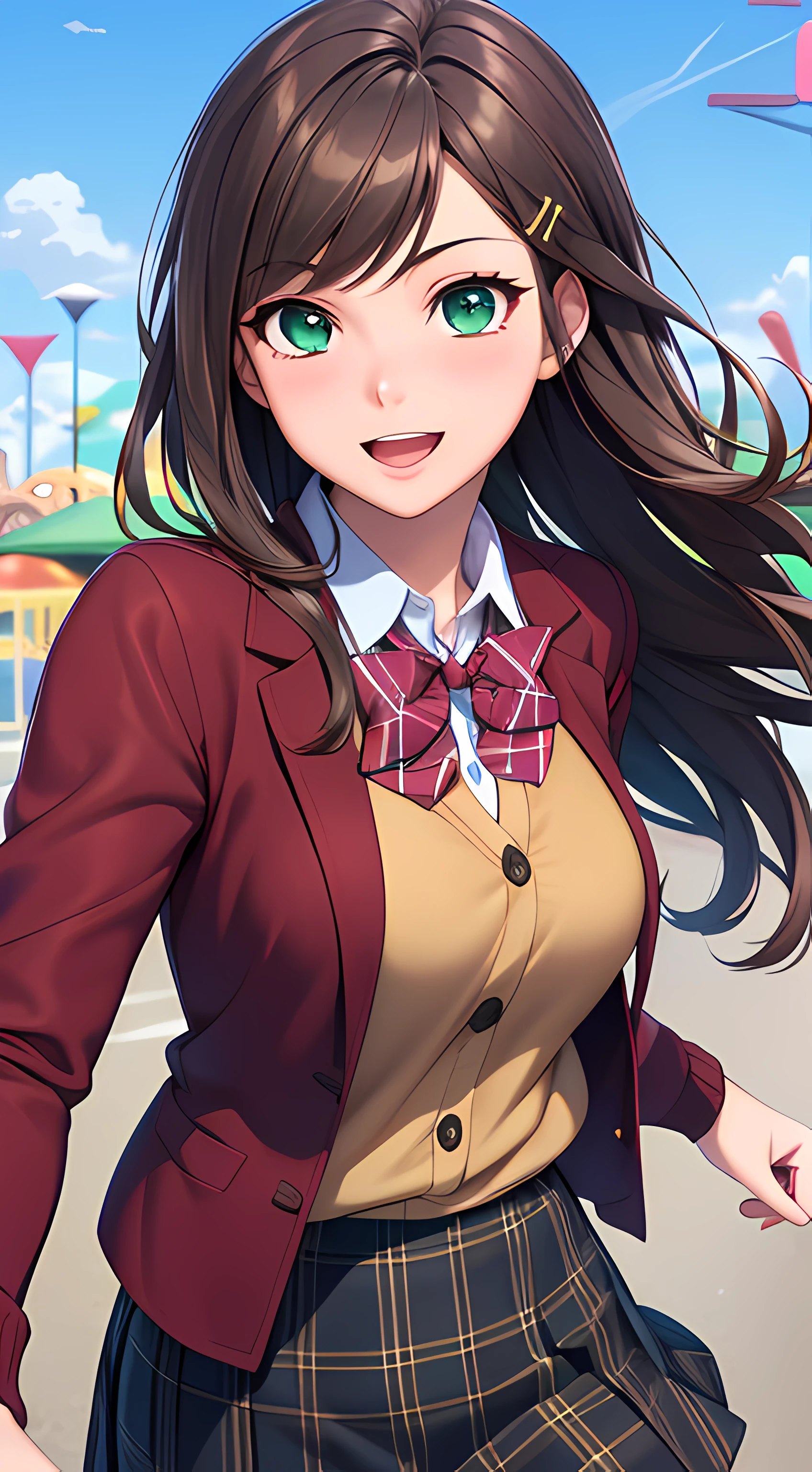 ((masterpiece, best quality, highres, UHD, perfect pixel, depth of field, 4k, RTX, HDR))), 1girl, single, solo, beautiful anime girl, beautiful artstyle, anime character, ((long hair, parted bangs, brown hair, hair pin)), (green eyes:1.4, rounded eyes, beautiful eyelashes, realistic eyes), (detailed face, blushing:1.2), (smooth texture:0.75, realistic texture:0.65, photorealistic:1.1, anime CG style), medium breasts, (dynamic angle, dynamic pose:1.4, pov, close up, looking to viewer), perfect body, (red bowtie, school uniform, black jacket, closed jacket, brown cardigan, white shirt), ((black skirt:1.5, plaid skirt)), smile, open mouth, amusement park