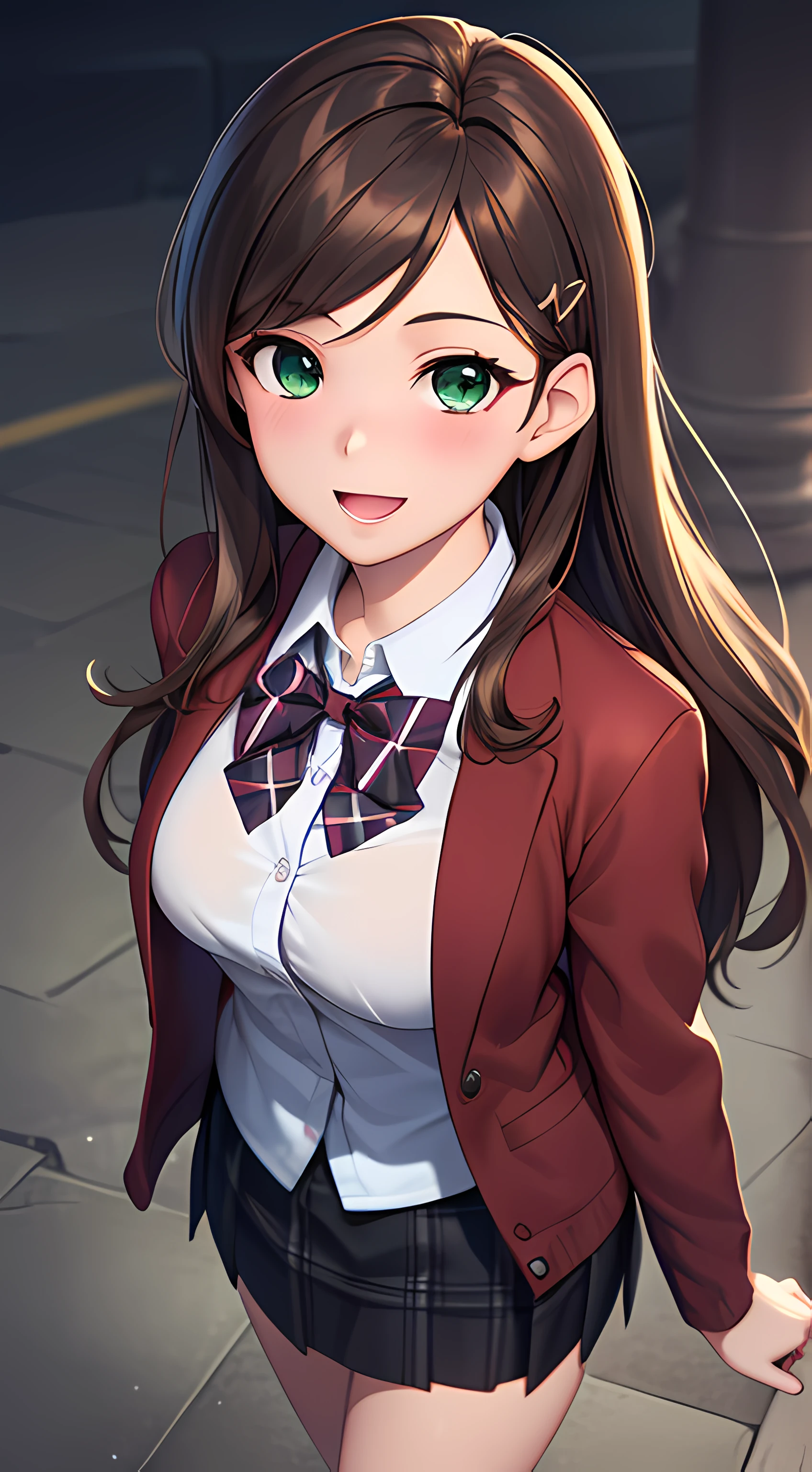 ((masterpiece, best quality, highres, UHD, perfect pixel, depth of field, 4k, RTX, HDR))), 1girl, single, solo, beautiful anime girl, beautiful artstyle, anime character, ((long hair, parted bangs, brown hair, hair pin)), (green eyes:1.4, rounded eyes, beautiful eyelashes, realistic eyes), (detailed face, blushing:1.2), (smooth texture:0.75, realistic texture:0.65, photorealistic:1.1, anime CG style), medium breasts, (dynamic angle, dynamic pose:1.4, pov, close up, looking to viewer, from above), perfect body, (red bowtie, school uniform, black jacket, closed jacket, brown cardigan, white shirt), ((black skirt:1.5, plaid skirt)), smile, open mouth, amusement park