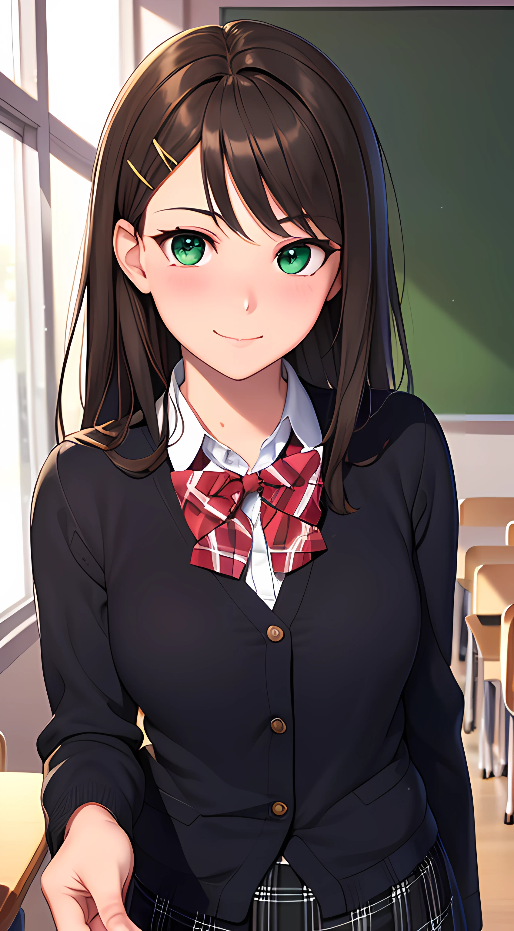 ((masterpiece, best quality, highres, UHD, perfect pixel, depth of field, 4k, RTX, HDR))), 1girl, single, solo, beautiful anime girl, beautiful artstyle, anime character, ((long hair, bangs, brown hair, hair pin)), (green eyes:1.4, rounded eyes, beautiful eyelashes, realistic eyes), (detailed face, blushing:1.2), (smooth texture:0.75, realistic texture:0.65, photorealistic:1.1, anime CG style), medium breasts, (dynamic angle, dynamic pose:1.4, pov, close up, looking to viewer), perfect body, (red bowtie, school uniform, black jacket, closed jacket, brown cardigan, white shirt), ((black skirt:1.5, plaid skirt)), sly smile, (school indoor, classroom)