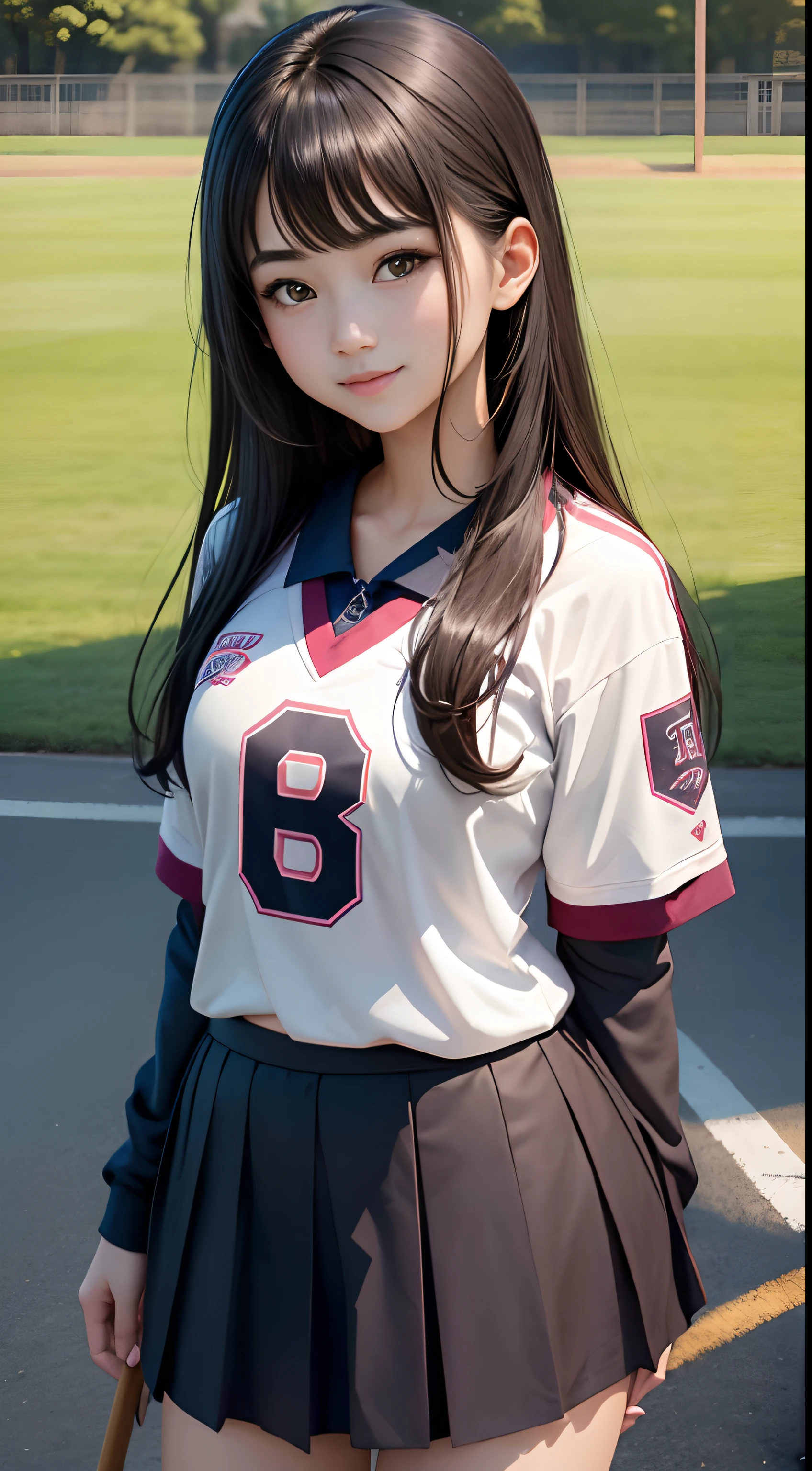 1girl in、Top image quality、Young Adult Women、hposing Gravure Idol、A dark-haired、Lacrosse court on background、Lacrosse Uniforms、Buruma、A slender、realisticlying、ren、A slight smil、Be sure to draw your face、Correctly depict the structure of the human body、