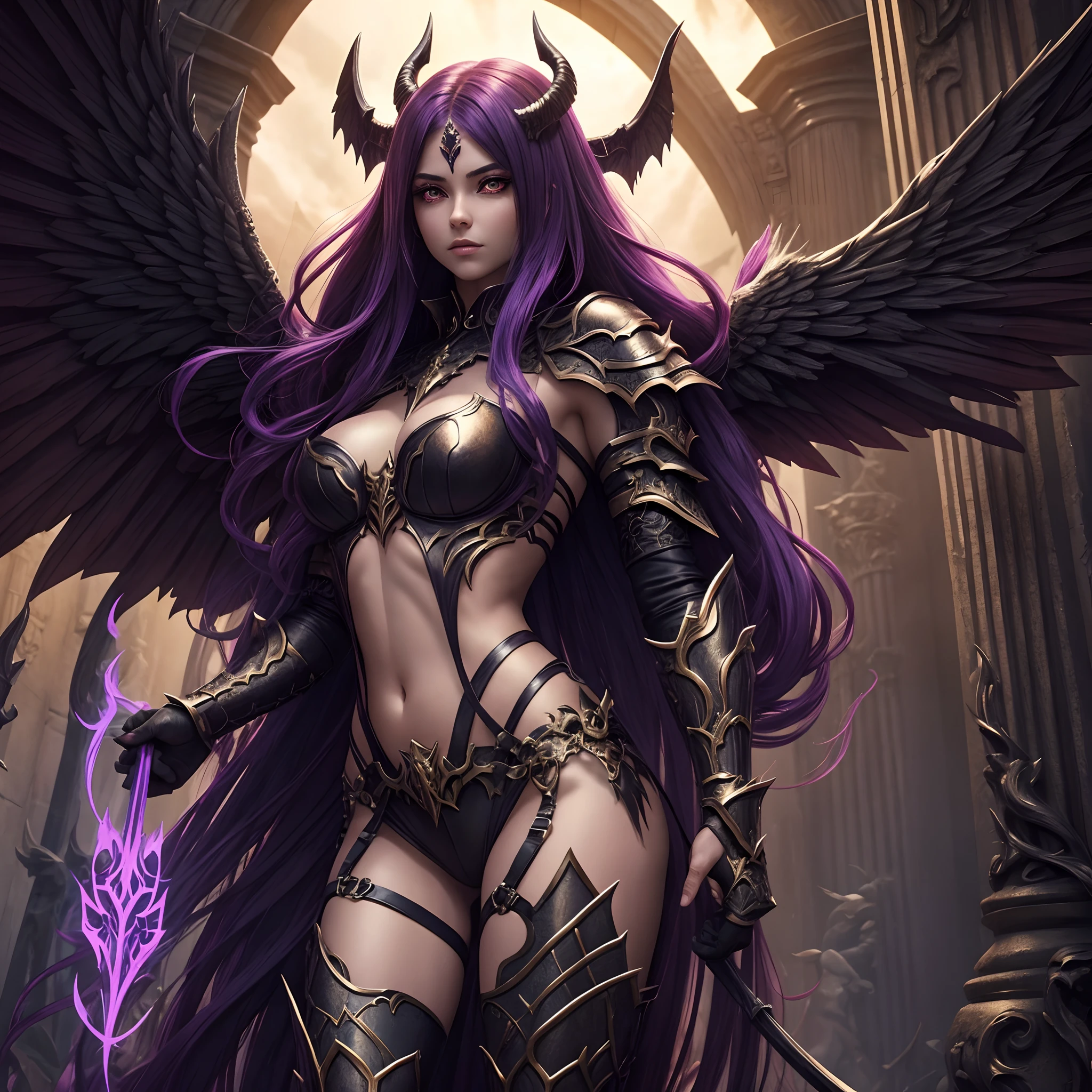 Demon girl with long hair, Body aesthetics, with wings, Covered in Aura, Against the backdrop of the gates to hell. Partially Armored High Detail Shot. fantasy style.