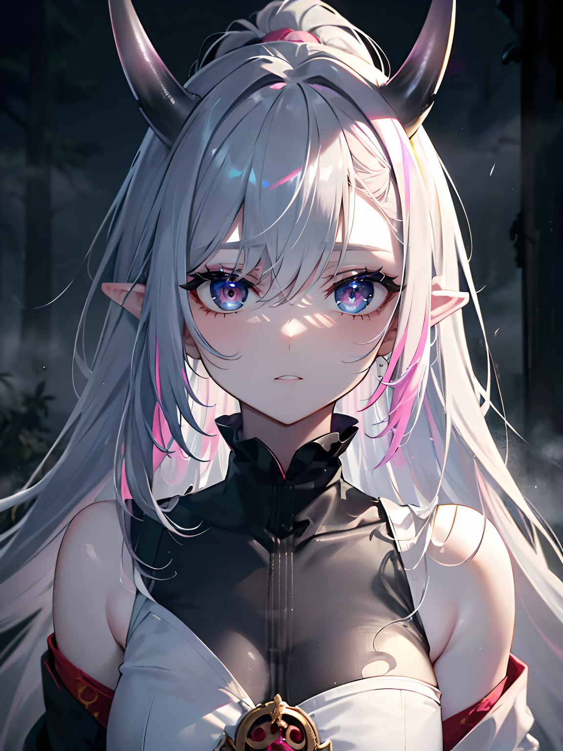 (Masterpiece, Best quality, ultra high resolution),1girl, grey hair, pointy ears, (multicolored hair,pink,blue,yellow),(oni girl 👹),(pale skin),beautiful and detailed face, detailed eyes,on the magic forest, cloudy sky,fog, night (grey theme),