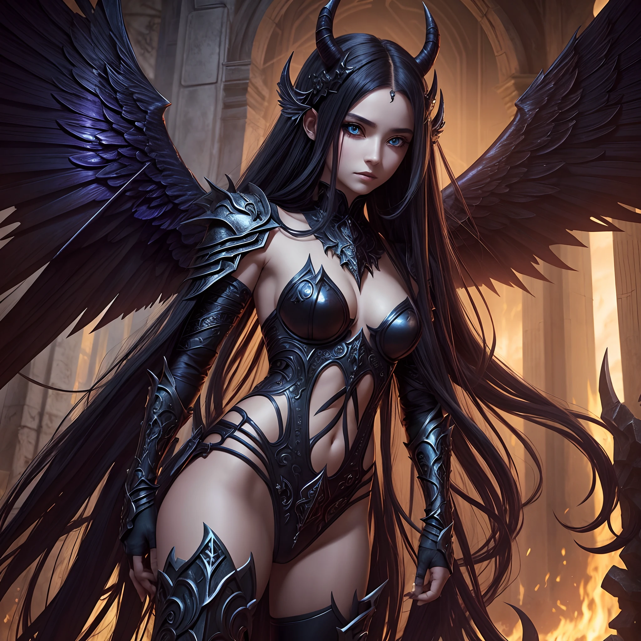 Demon girl with long hair, Body aesthetics, with wings, Covered in Aura, Against the backdrop of the gates to hell. Partially Armored High Detail Shot. fantasy style.