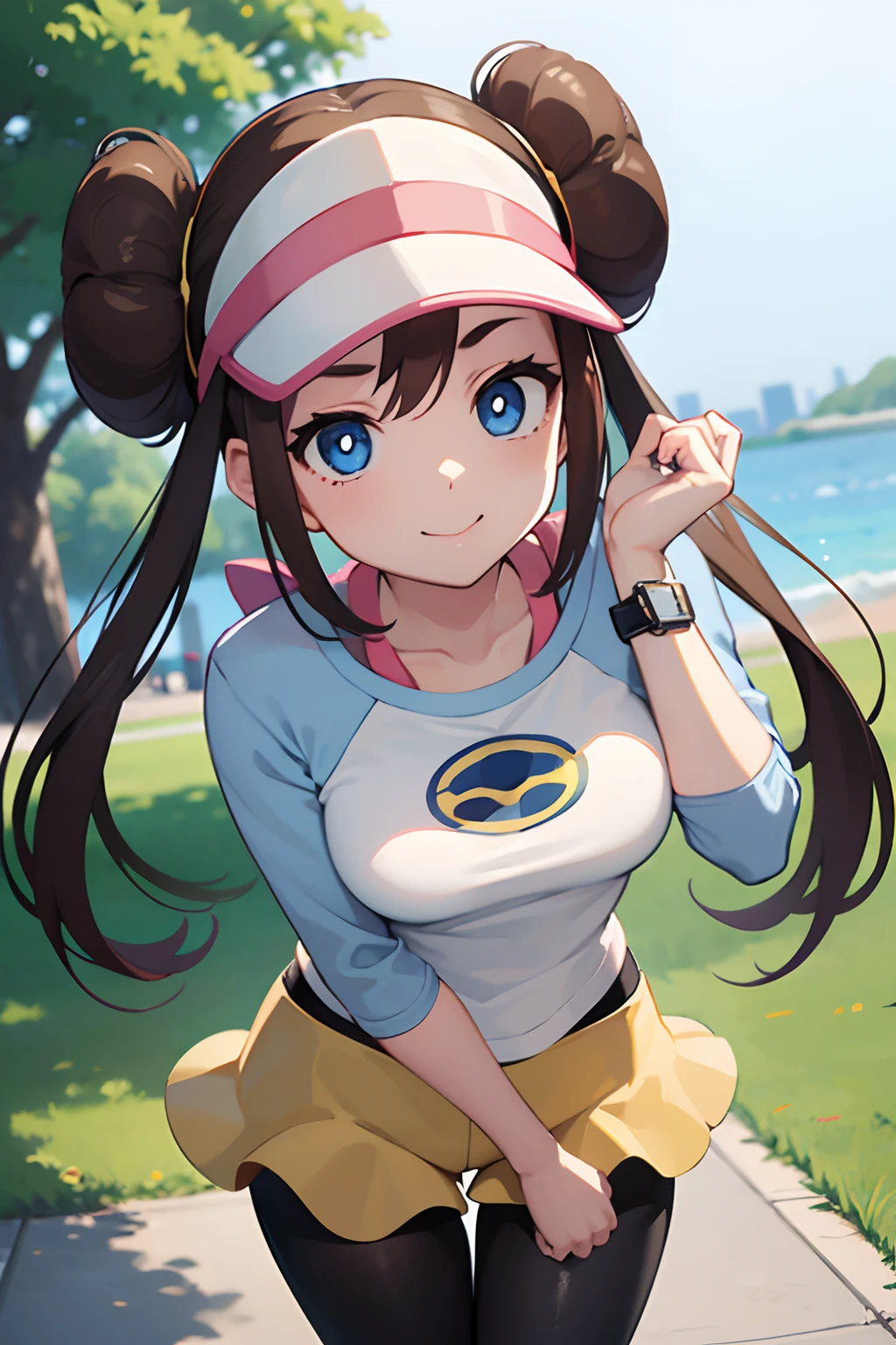 1girl in、hight resolution、​masterpiece、RO1, Hair bun, Blue eyes, Twin-tailed, Visor Cap, pantyhose, raglan sleeves, Yellow shorts, Shirt, pink bows, wrist watch、plein air、Bring your face closer、A detailed face、a smile