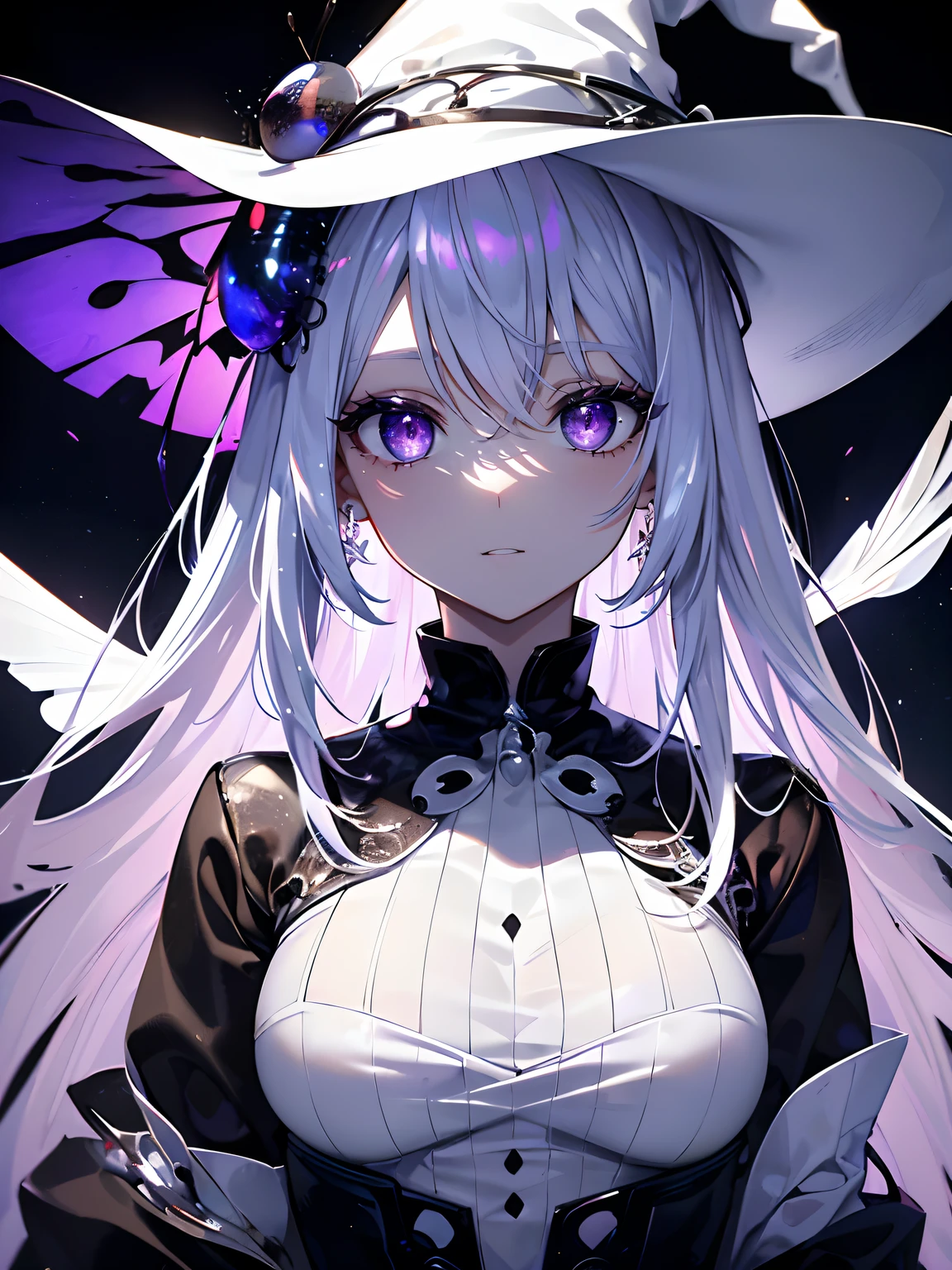 (masterpiece,best quality,ultra-detailed),1girl,smirk, insect body,(blood), (white body beetle creature), white (beetle creature body), beautiful and detailed face, detailed eyes,white and purple hair, glowing eyes,(grey theme),witch hat,hallowen outfit,in the street,night
