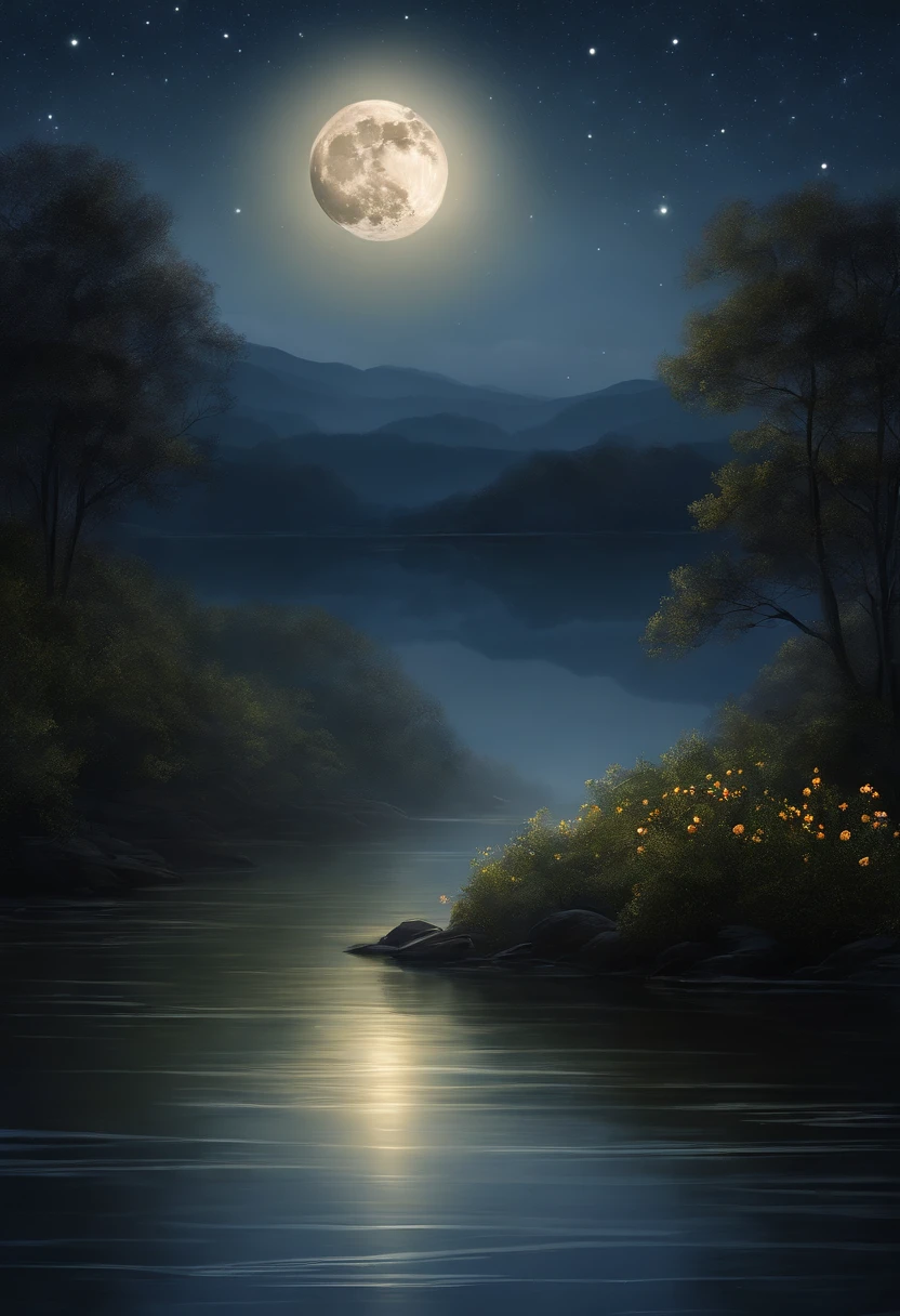 "A peaceful and peaceful night, Bask in a silvery glow. Harmonious scene of the moon，Subtly reflected on the calm water. Twinkling stars dot the dark sky, creating a magical atmosphere. The surrounding nature is shrouded in a light and mysterious mist. Let your imagination come to life in this night painting full of calm and serenity."