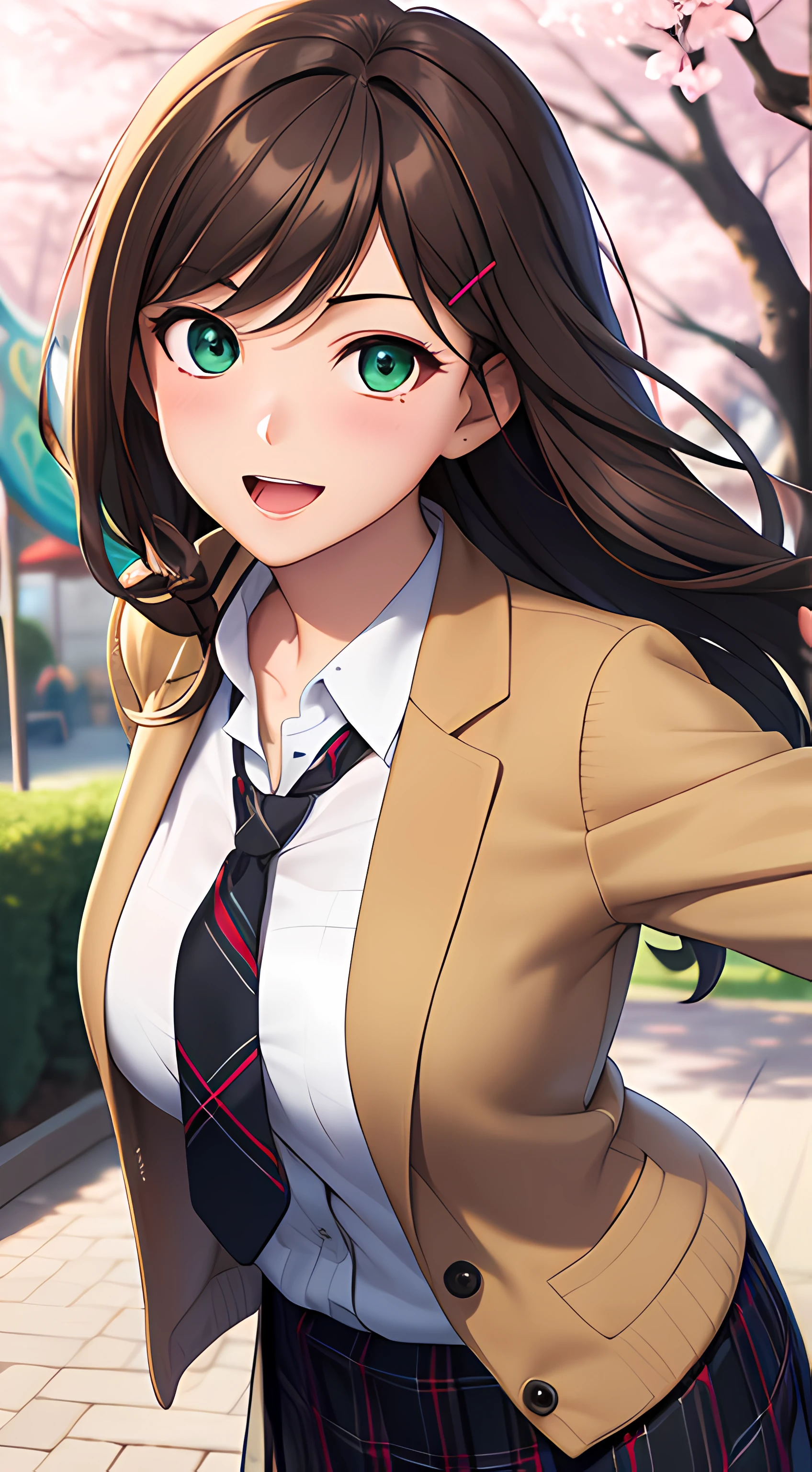 ((masterpiece, best quality, highres, UHD, perfect pixel, depth of field, 4k, RTX, HDR))), 1girl, single, solo, beautiful anime girl, beautiful artstyle, anime character, ((long hair, bangs, brown hair, hair pin)), (green eyes:1.4, rounded eyes, beautiful eyelashes, realistic eyes), (detailed face, blushing:1.2), (smooth texture:0.75, realistic texture:0.65, photorealistic:1.1, anime CG style), medium breasts, (dynamic angle, dynamic pose:1.4, pov, close up, looking to viewer), perfect body, (red necktie, school uniform, black jacket:1.5, open jacket, brown cardigan, white shirt), ((black skirt:1.5, plaid skirt)), sly smile, open mouth, amusement park, outdoor, cherry blossoms