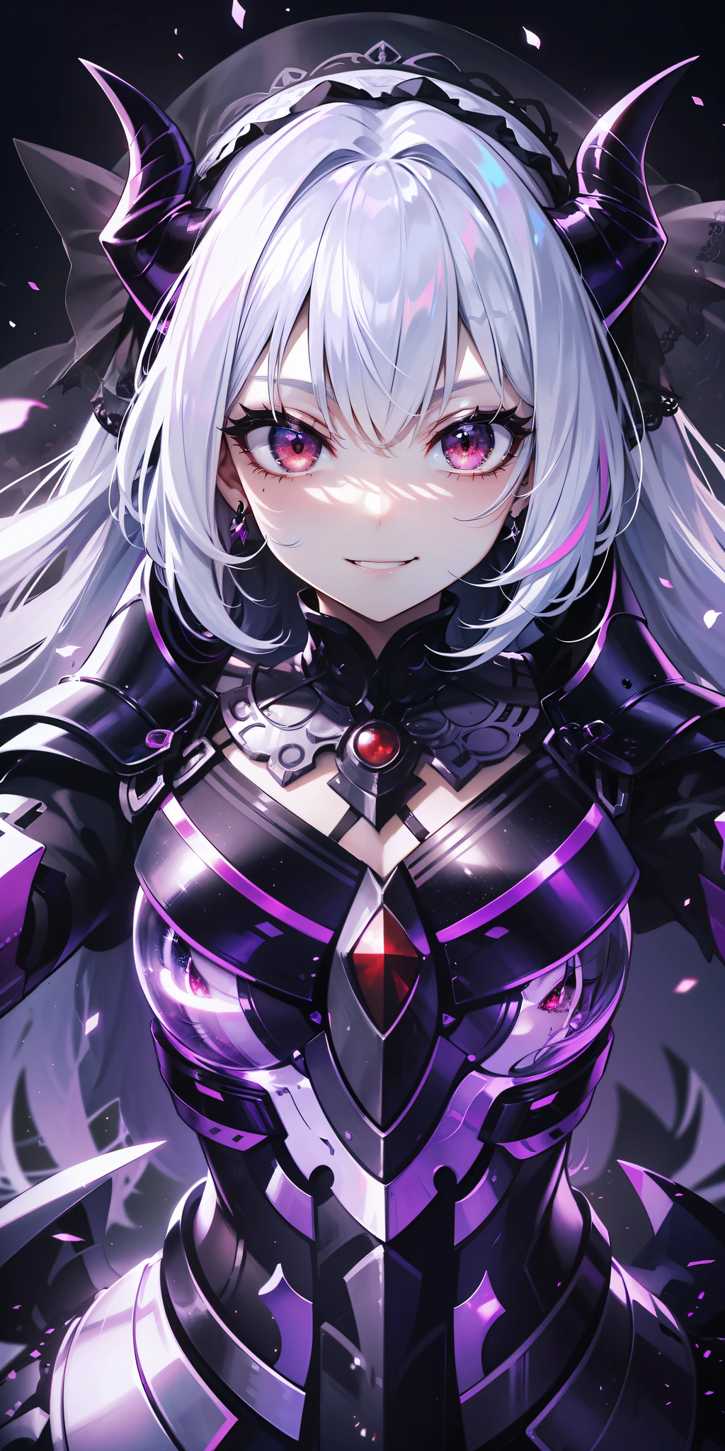 tag: 1girl, solo, ((extremely detailed cg unity 8k wallpaper)), masterpiece, best quality, ((ultra-detailed)), best shadow, multicolored background, illustration, (beautiful detailed face), floating hair, dynamic angle, high contrast, best illumination, an extremely delicate and beautiful, (hyper detail), (Beautiful face:1.2), (smile:1.0), gothic, knight armor, monochrome, veil on face, creepy smile, sadistic smile, demonic red eyes, oni horns, dynamic pose