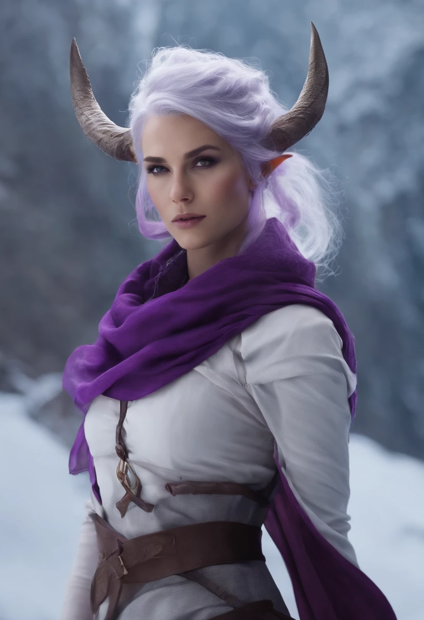 Dungeons and dragons character, high resolution, accurate hands, purple skin, grey scarf, horns, short white hair, female, girl, hot
