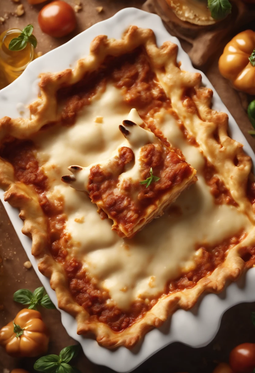 yummy lasagna flying through heaven, a huge Garfield paw coming from above to touch the lasagna, 3d render, octane render, vray render