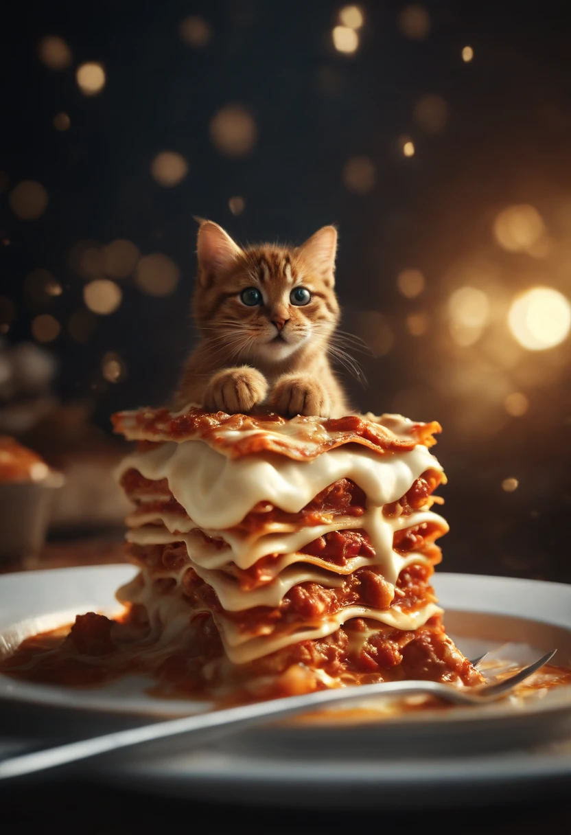 yummy lasagna flying through heaven, a huge Garfield paw coming from above to touch the lasagna, 3d render, octane render, vray render