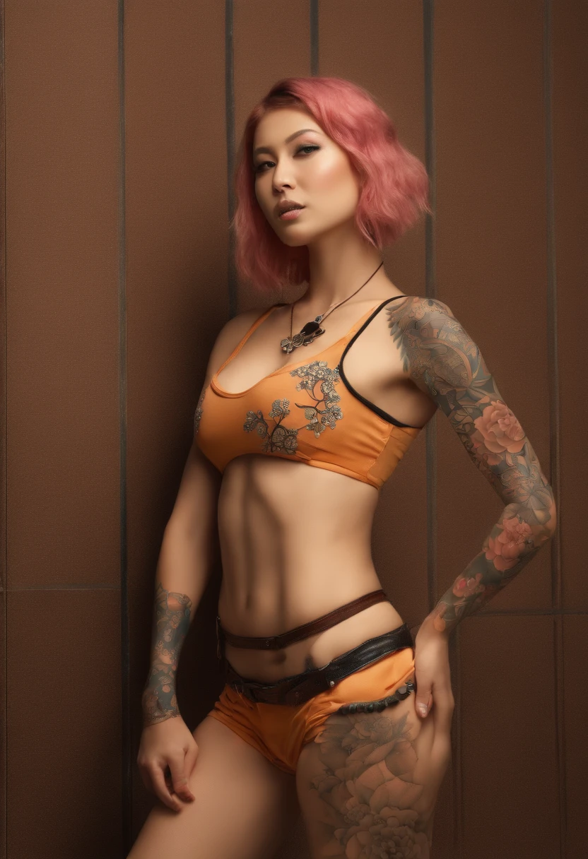 (Best Quality,4K,8K,hight resolution,photography,photo,masutepiece:1.2),Ultra-detailed,(Realistic,Photorealistic,Photorealsitic:1.37),(Girl with Japanese pattern tattoos all over her body:1.8),Quirky costumes,Japan women,Unique hairstyle,piercings:1.8,a tiger,Revealing clothing,Expressive eyes,tiny waist,athletic build,Piercing gaze,confident pose,creative lighting,Background is murder,urban setting,striking facial features,Colorful leather bikini,Tattered skirt,Japan,Unconventional,His arms folded,gold teeth,punk fashion,Loud accessories:1.8,Attention-grabbing appearance,Unconventional beauty,Abnormal muscularity:1.8,exquisite detailing,dramatic compositions,Complex pattern,Futuristic elements,Emotional expression,Unapologetic attitude,Dangerous self-confidence,audacious,Split abs:1.8,Torn clothing,Mysterious aura,Killing,Killer,Feared existence,Attracted by her charisma,A pink-haired,Sheared hair,she stands out from the crowd.