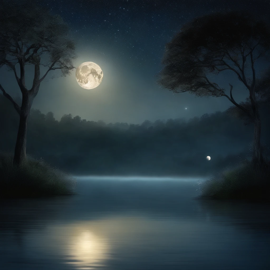 "A peaceful and peaceful night, Bask in a silvery glow. Harmonious scene of the moon，Subtly reflected on the calm water. Twinkling stars dot the dark sky, creating a magical atmosphere. The surrounding nature is shrouded in a light and mysterious mist. Let your imagination come to life in this night painting full of calm and serenity."