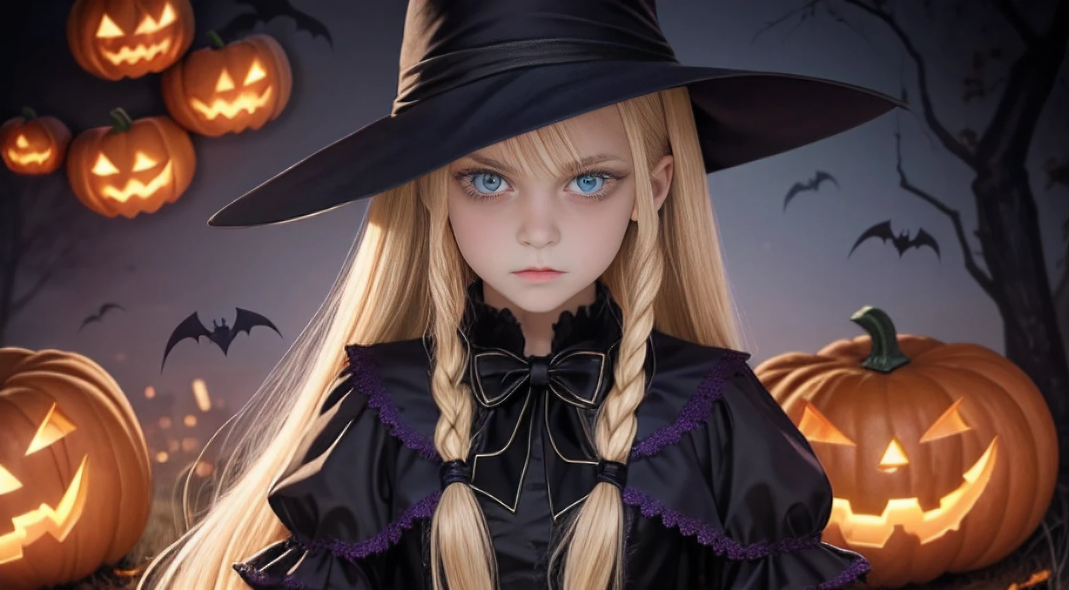 11-year-old vampire child, blue eyes and long blonde hair up to the waist, dia de haloween com aboboras, roupa preta e laranja tma haloween. (olhos altamente detalhados),(maos detalhadas)