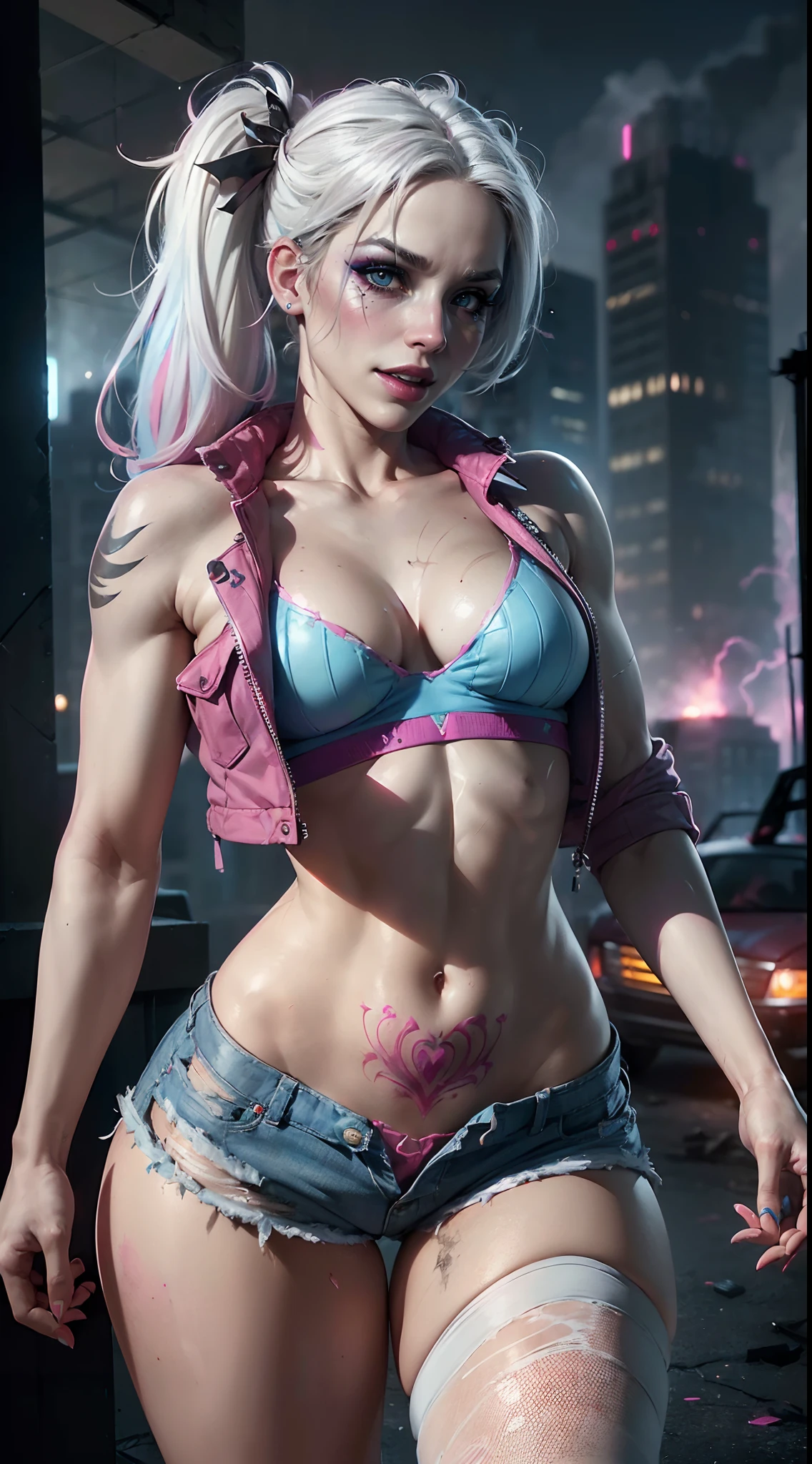 (8k,1080p,realistic skin texture,realistic,masterpiece, best quality,high-res,HDR:1.5), Harley Quinn,crazy,((white skin:1.2)),((tattoos:1.2)),((makeup:1.4)),((evil laughing:1.4)),parted lips,beauty,delicate face,beautiful face,perfect face,shiny skin,long eyelashes,(((smoky eyes,eye-shadow:1.3))),((twintails)),((white hair,blue pink white highlights hair:1.4)),((pink jacket:1.3,white tank top:1.3,denim shorts,fishnet thighs stockings:1.2))),(torn clothes:1.2),clawed hands, bright eyes,((red lipstick)),D-Cup breasts,slim waist,wide hips,bubble butt, ((in the Gotham city,ruined city,high detailed background:1.2)),((explosion everywhere:1.3)),(((warfire everywhere))),Helicopters flying in the sky,bright lighting,bright colors,film filter,alluring,sultry pose,dynamic shot,((dirty on skin)),labret